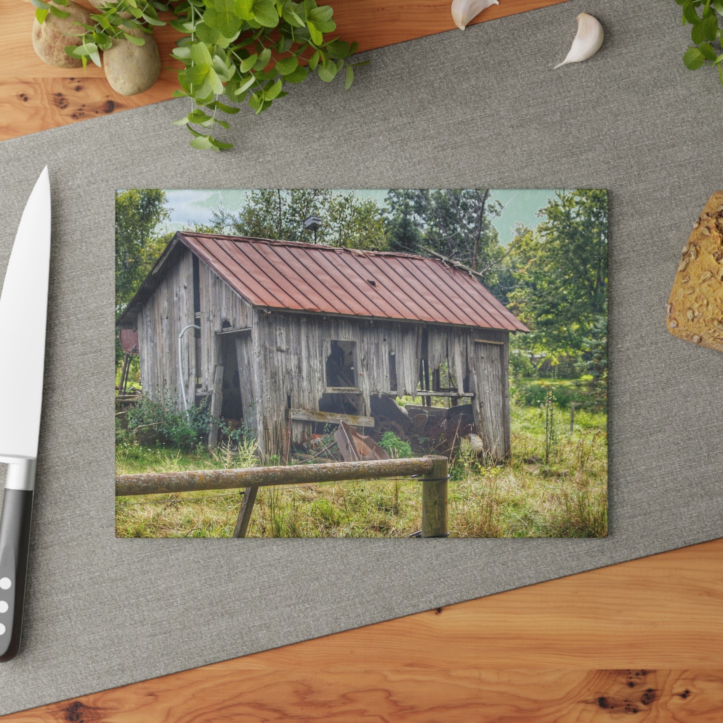 U R There Photography Silverwood Rusted Grey Shack Rustic Farmhouse Tempered-Glass Cutting Board