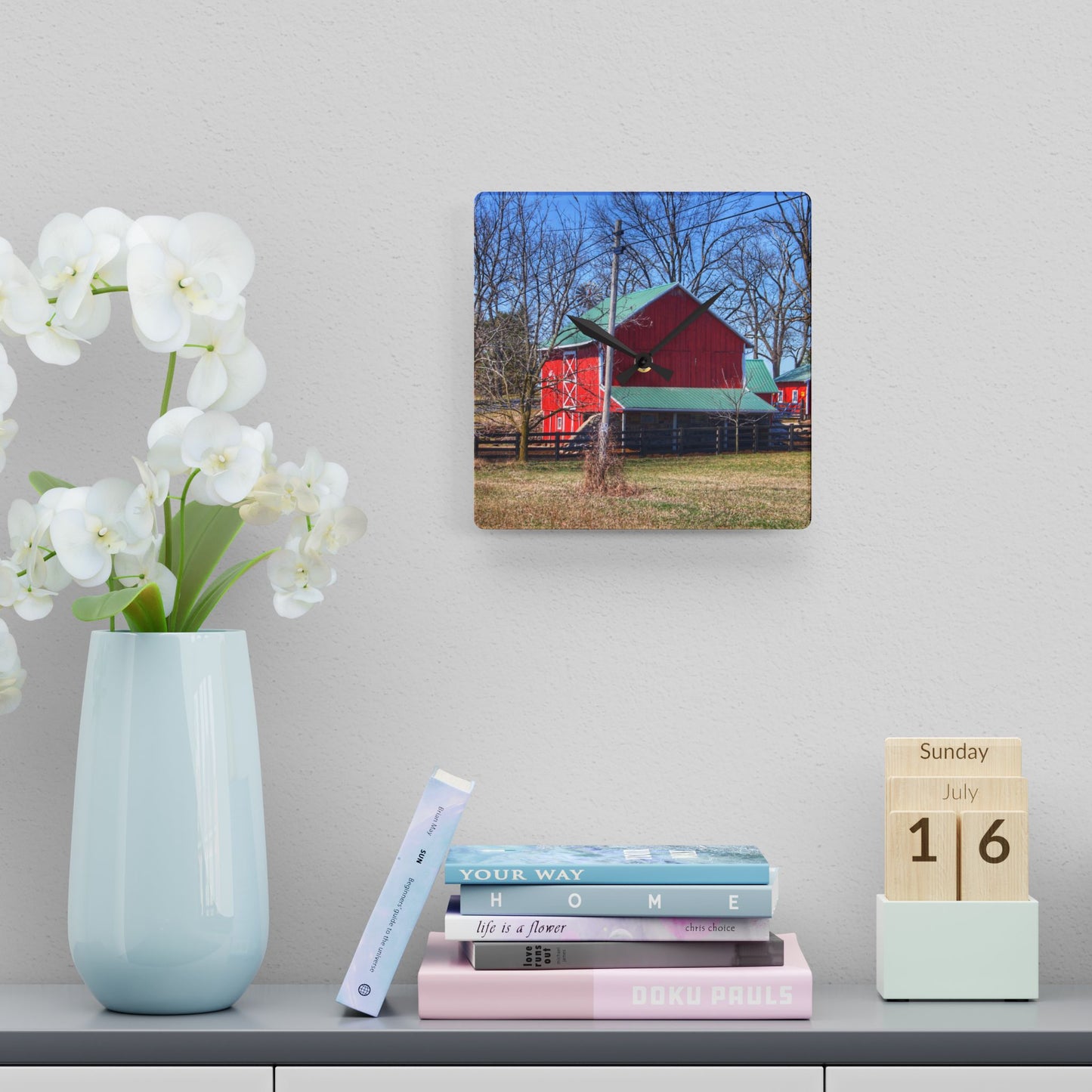 U R There Photography Imlay City Road Cow Barn II Rustic Farmhouse Acrylic Analog Wall Clock