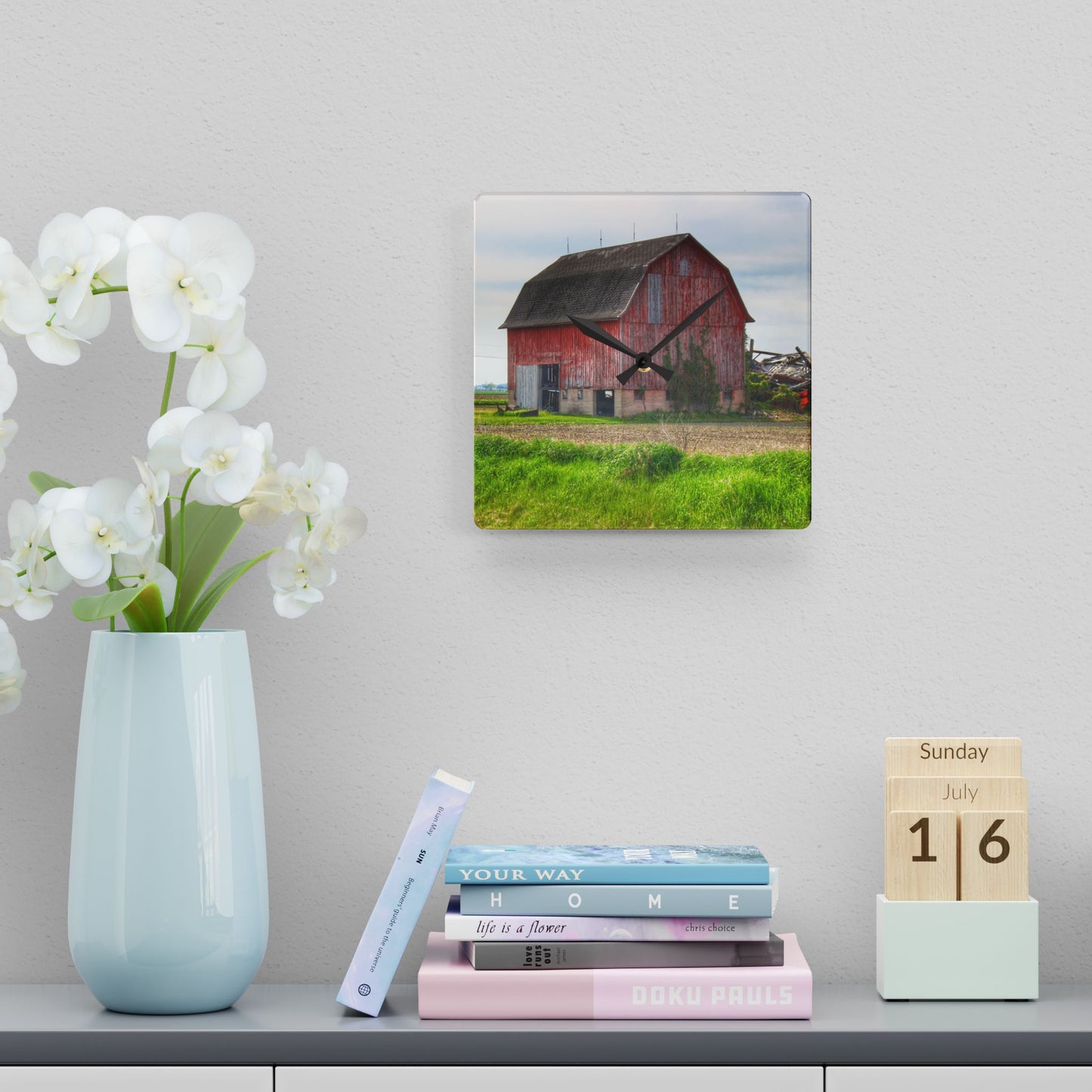 U R There Photography Unionville Elmwood Road Red II Rustic Farmhouse Acrylic Analog Wall Clock
