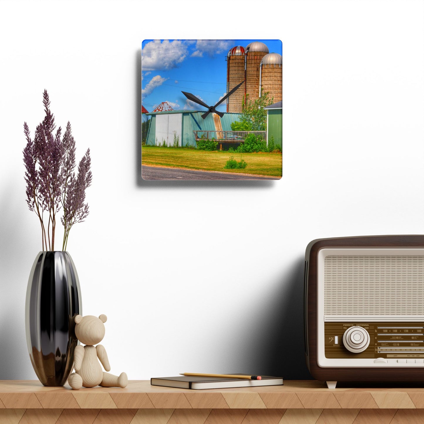 U R There Photography Morrish Road Silos I Rustic Farmhouse Acrylic Analog Wall Clock