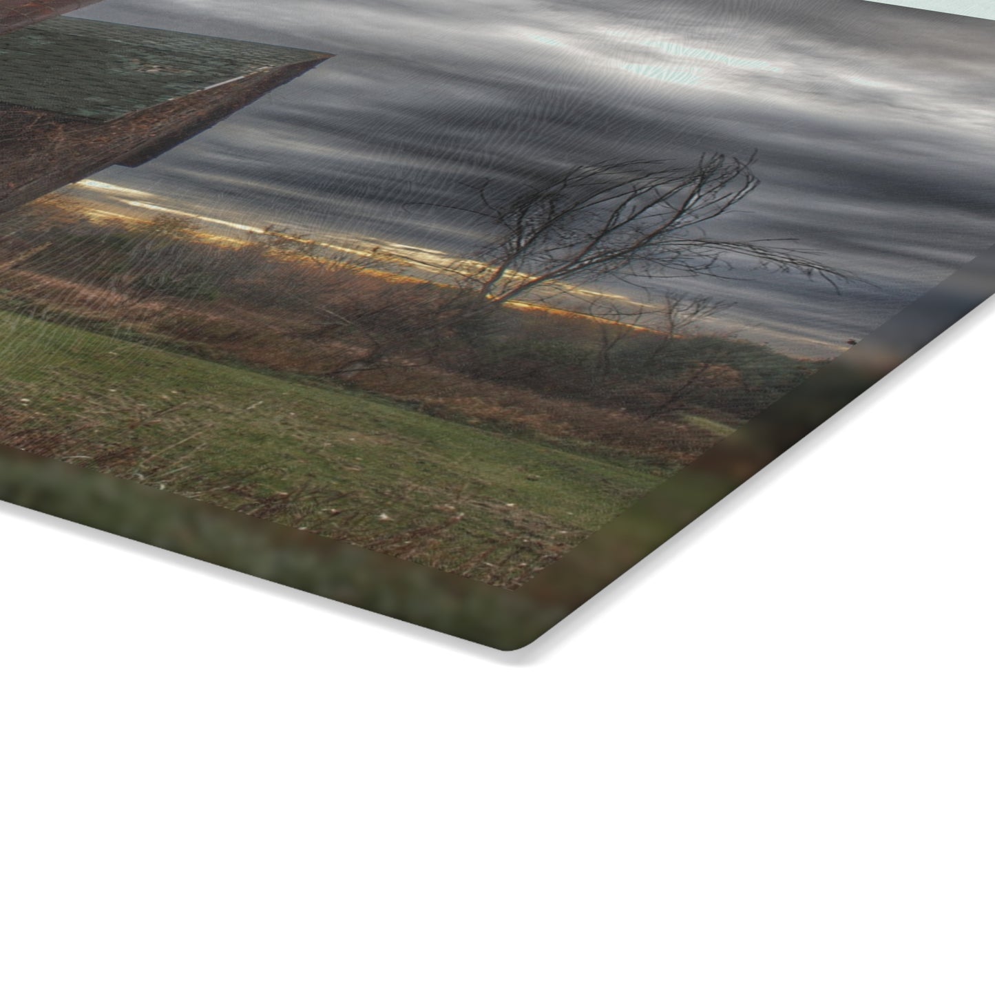 U R There Photography Pero Lake Road Grey II Rustic Farmhouse Tempered-Glass Cutting Board
