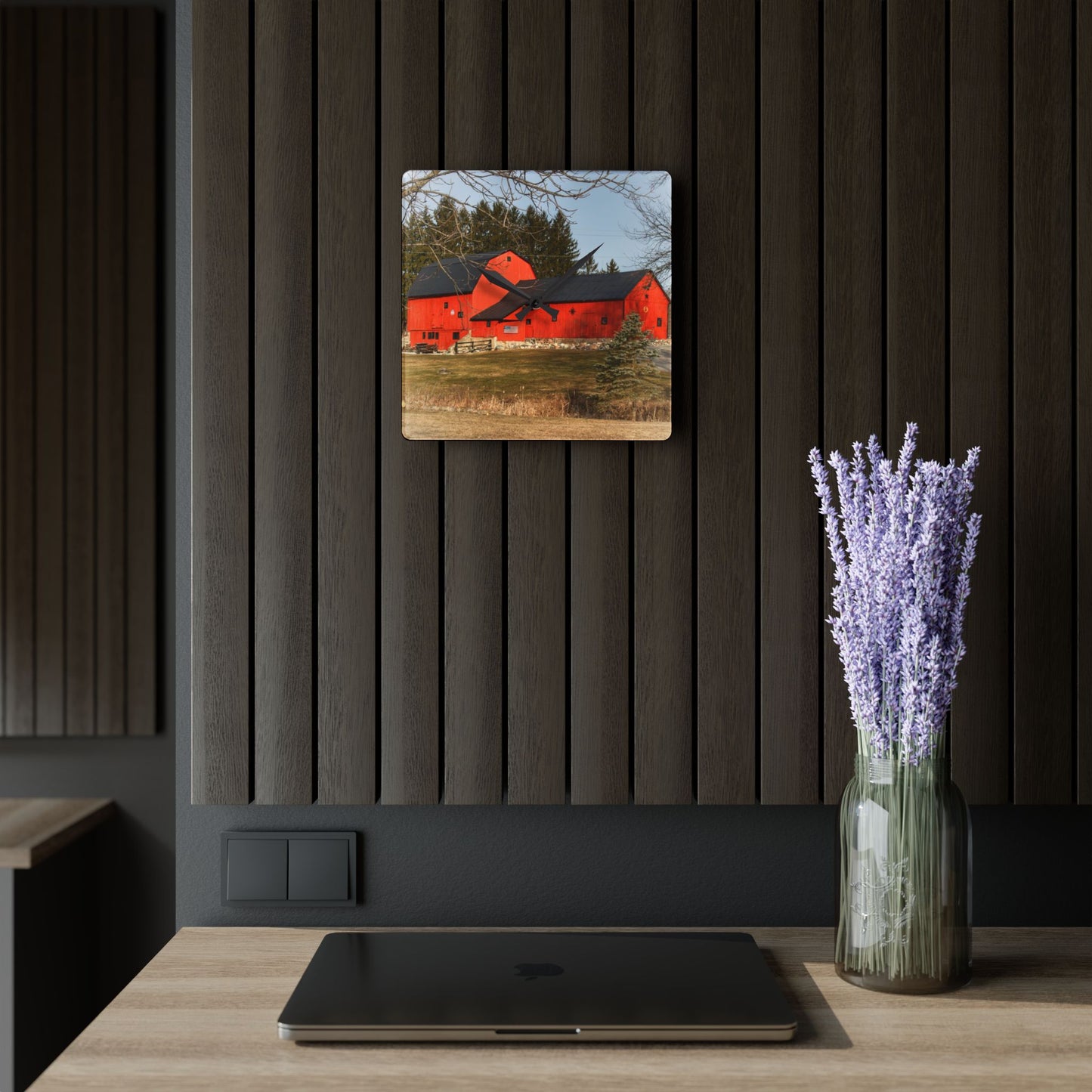 U R There Photography Thomas Road Patriot Barn Rustic Farmhouse Acrylic Analog Wall Clock
