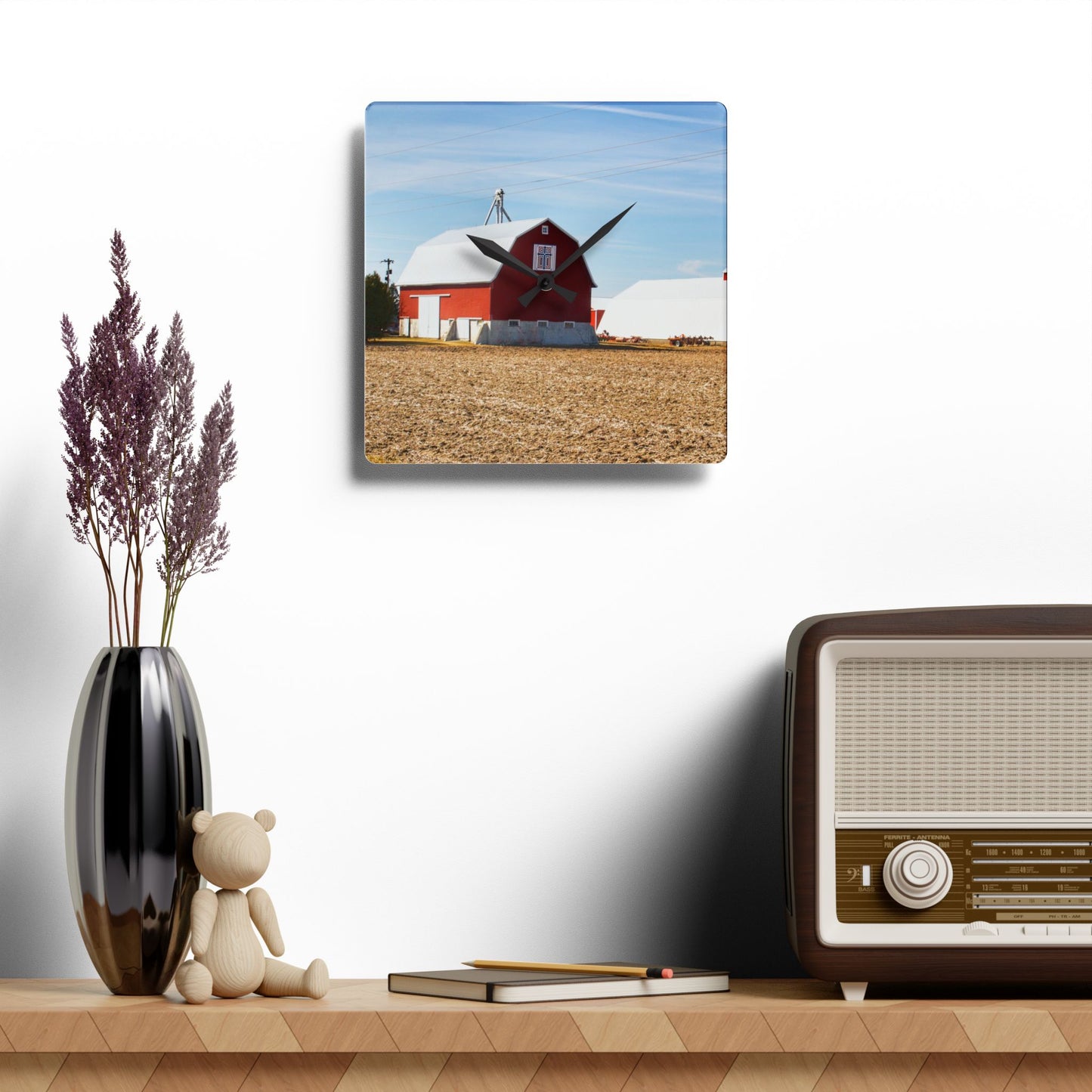 U R There Photography French Road Quilted Red Rustic Farmhouse Acrylic Analog Wall Clock