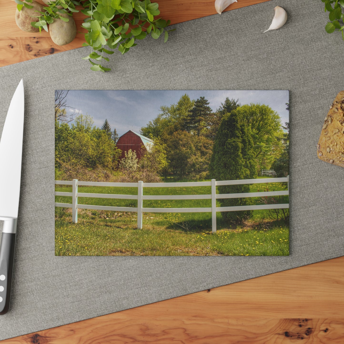 U R There Photography Sutton Road Red Beyond the Fence Rustic Farmhouse Tempered-Glass Cutting Board