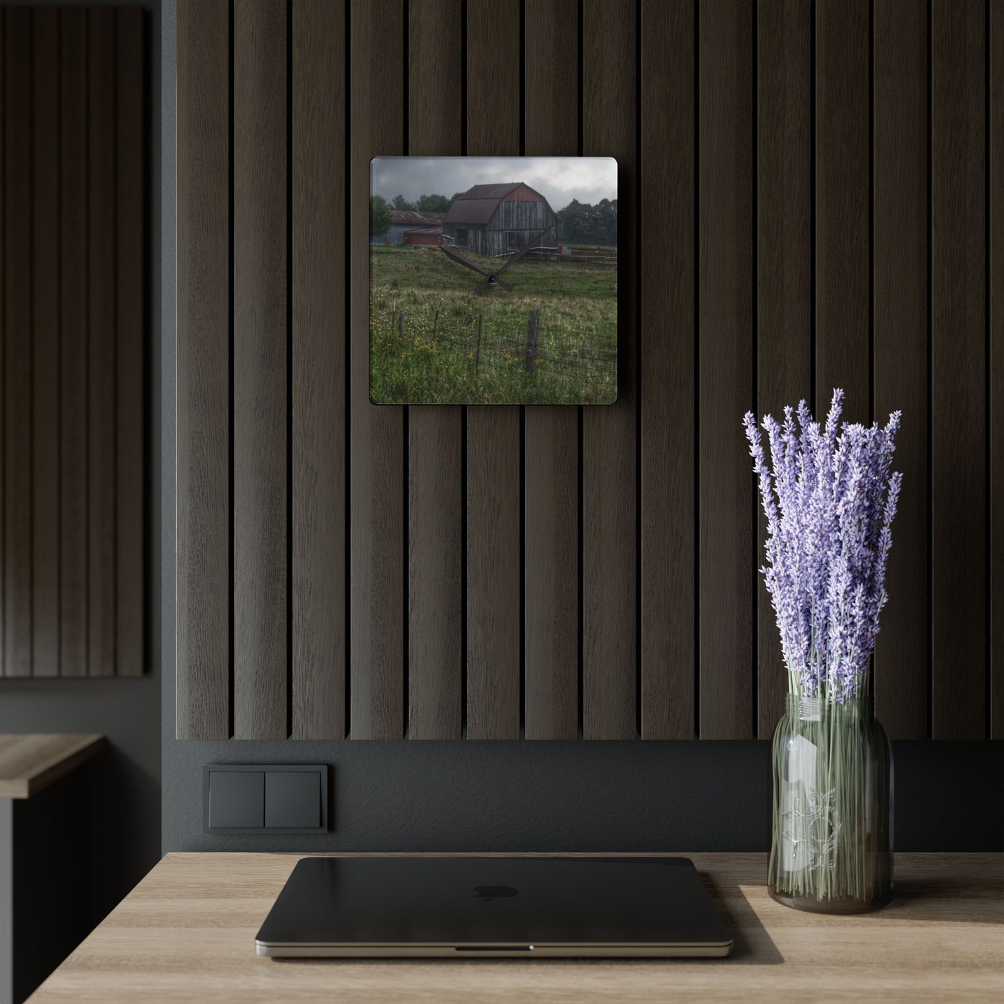U R There Photography Newark Road Tilted Grey I Rustic Farmhouse Acrylic Analog Wall Clock