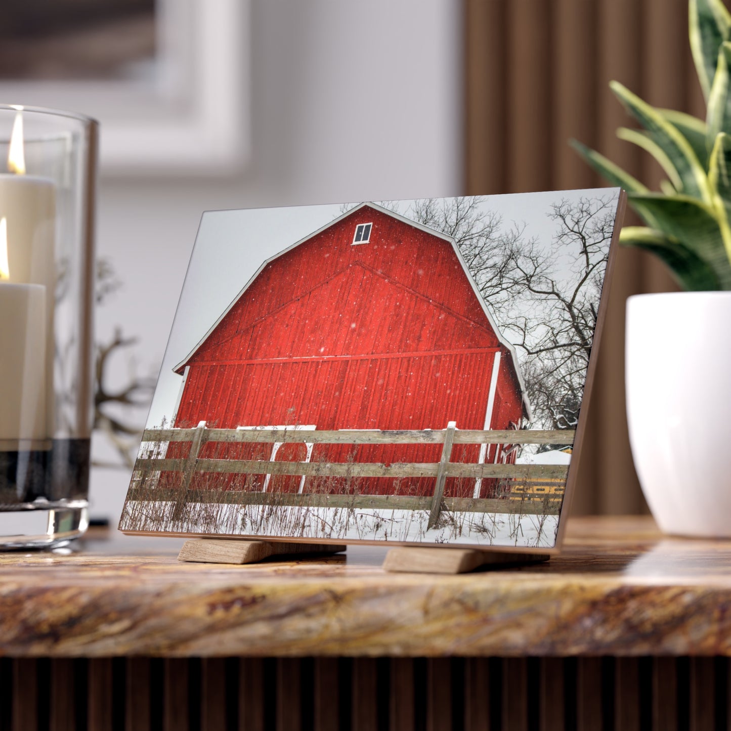 U R There Photography Big Red Beyond the Fence Rustic Farmhouse Decorative Ceramic Tile