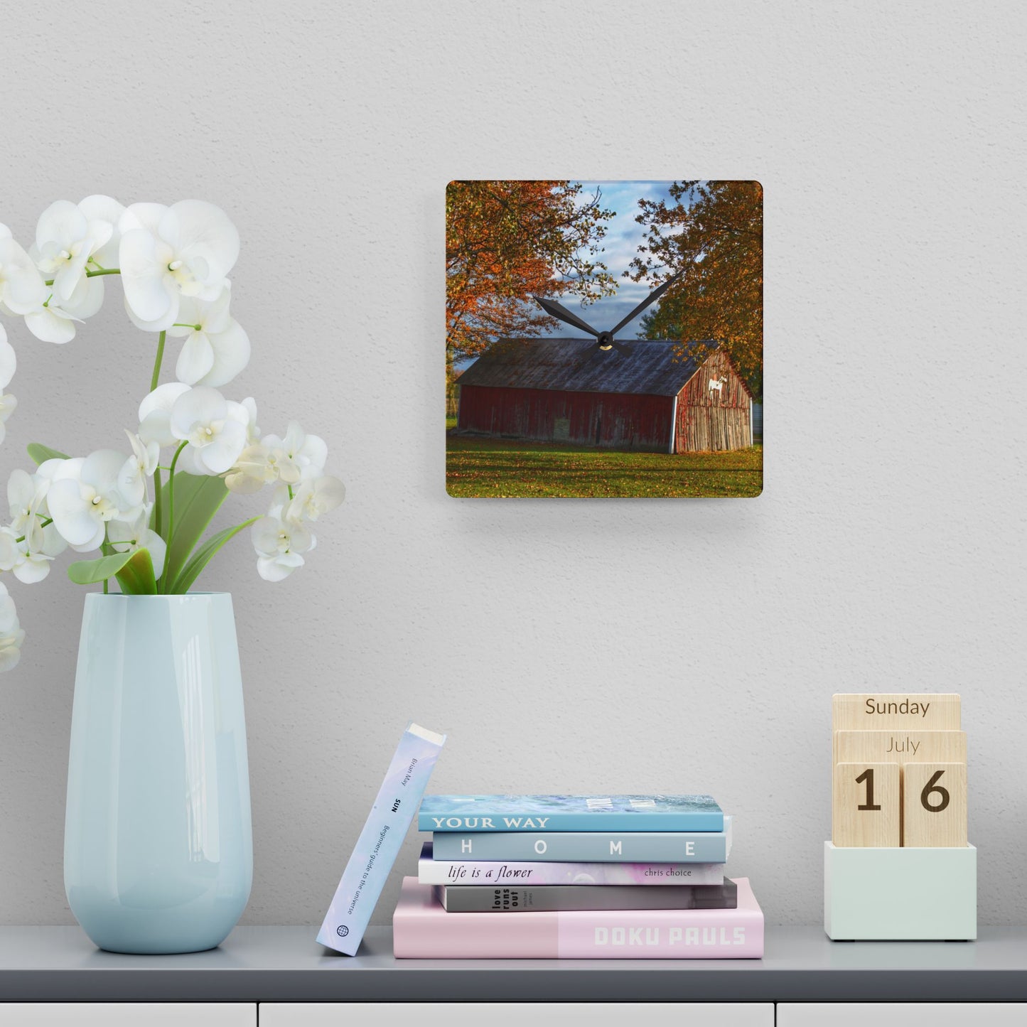 U R There Photography Marlette Road Fall Red Rustic Farmhouse Acrylic Analog Wall Clock 10.75'' × 10.75'' (Square)