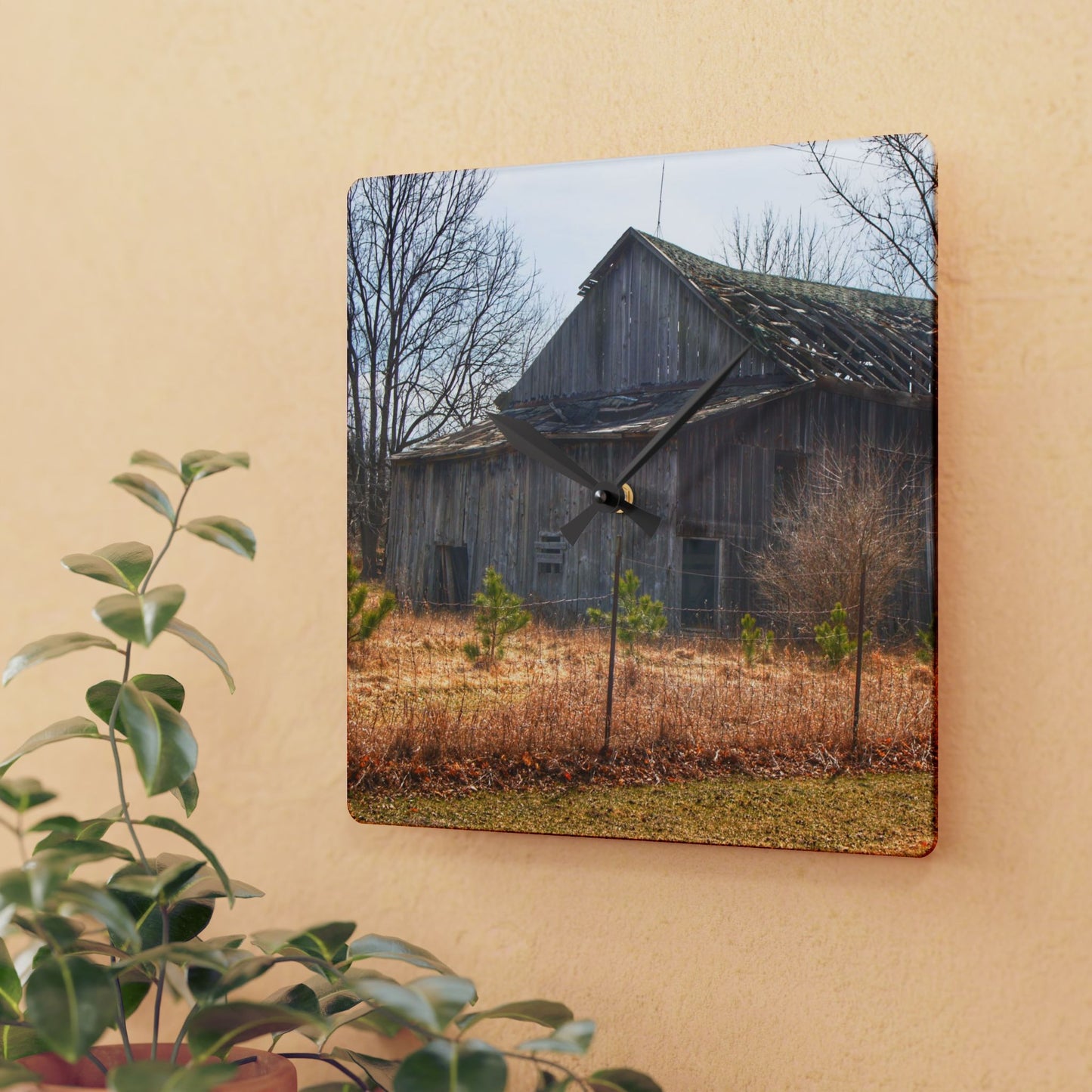 U R There Photography Leix Road Forgotten Grey I Rustic Farmhouse Acrylic Analog Wall Clock