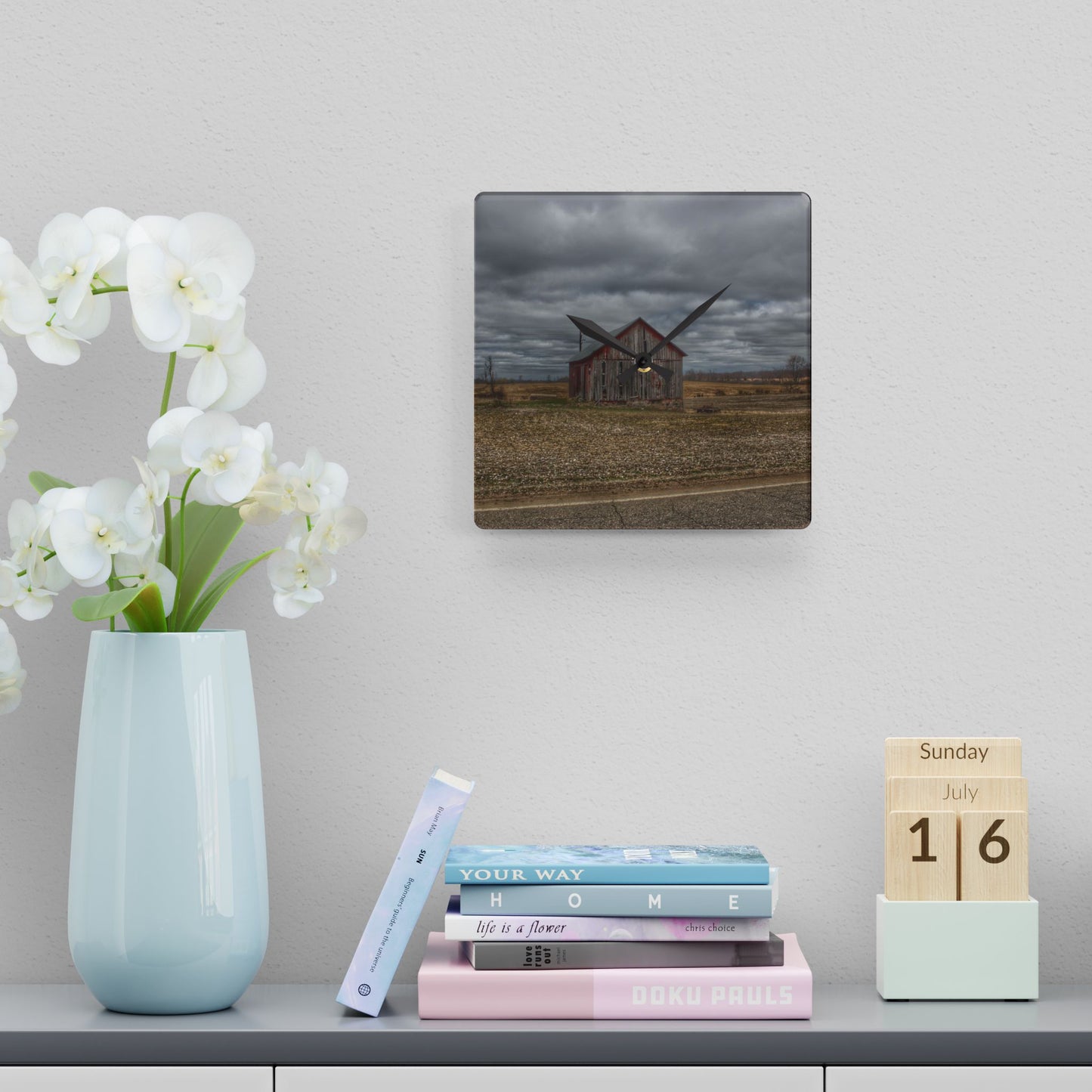 U R There Photography Barnes Road Little Red III Rustic Farmhouse Acrylic Analog Wall Clock