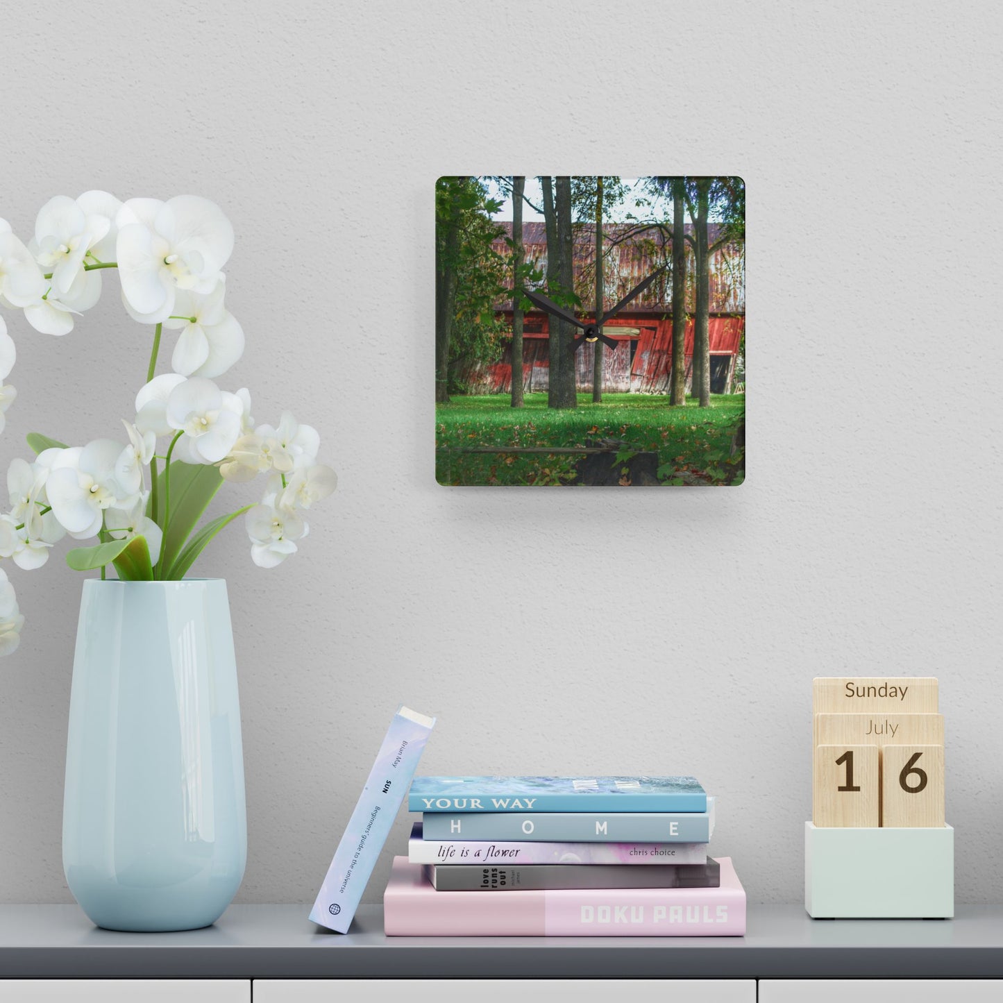 U R There Photography LeValley Falling Red Rustic Farmhouse Acrylic Analog Wall Clock