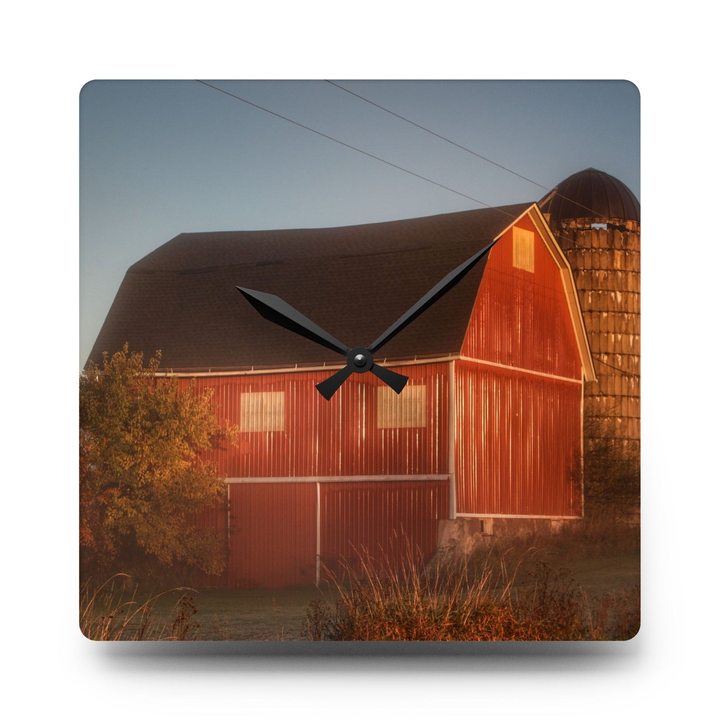U R There Photography Klam Road Red Meets Foggy Sunrise II Rustic Farmhouse Acrylic Analog Wall Clock