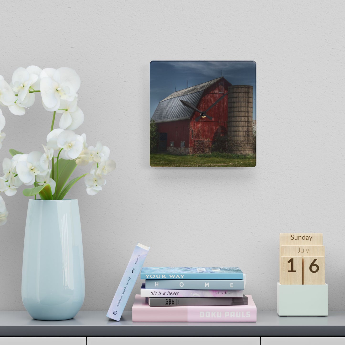 U R There Photography McDowell Road Red Rustic Farmhouse Acrylic Analog Wall Clock
