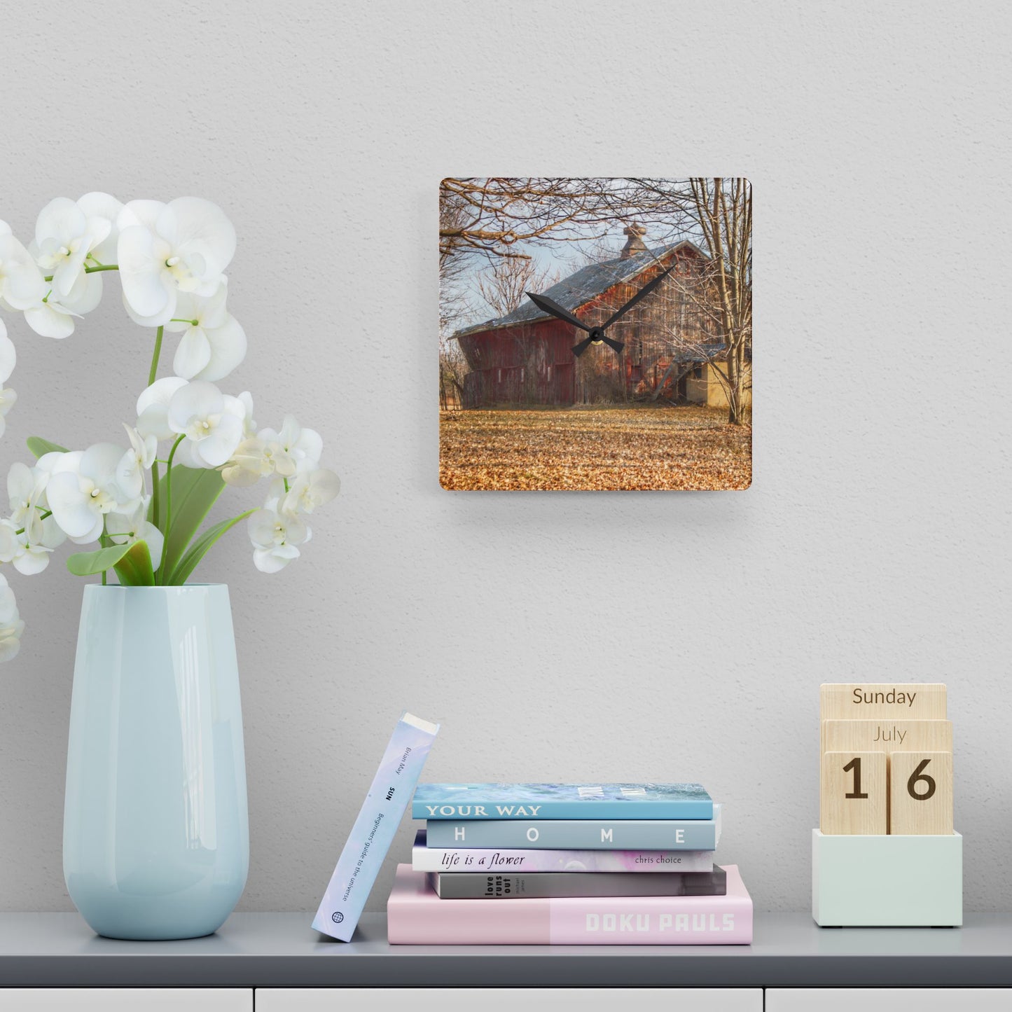 U R There Photography Millington Road Collapsing Red Rustic Farmhouse Acrylic Analog Wall Clock