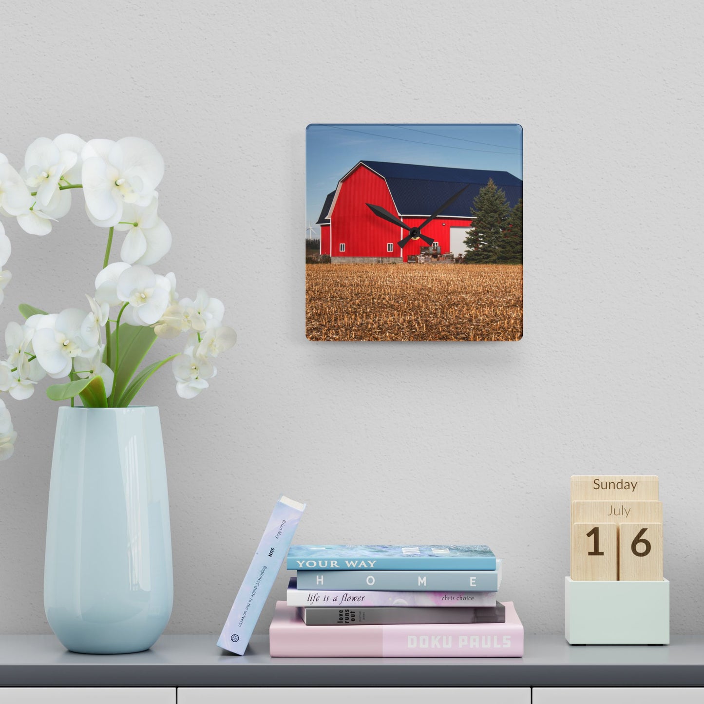 U R There Photography Kirk Road Modern Red Rustic Farmhouse Acrylic Analog Wall Clock