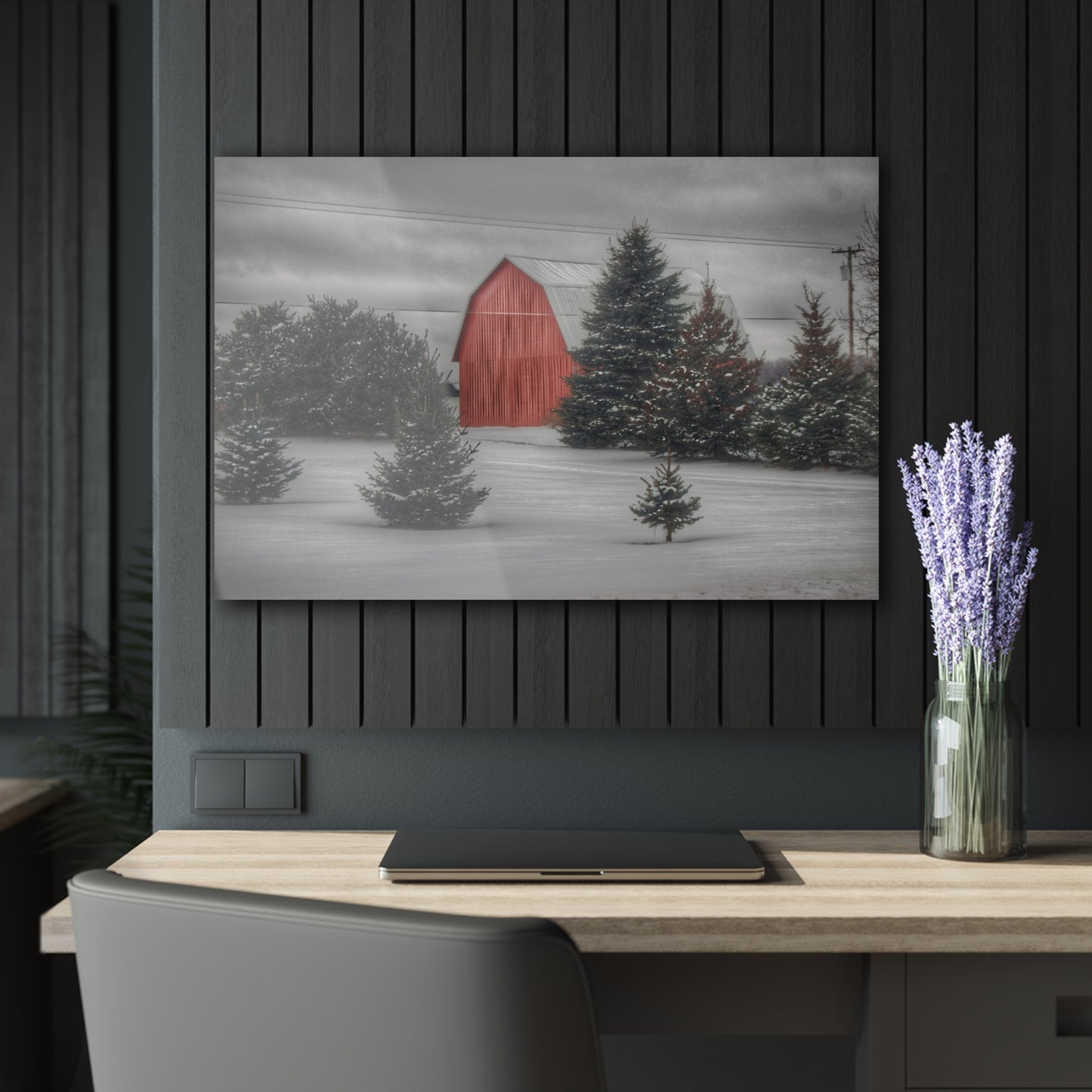 U R There Photography Vernor Road Winter Red Rustic Farmhouse Acrylic Wall Print