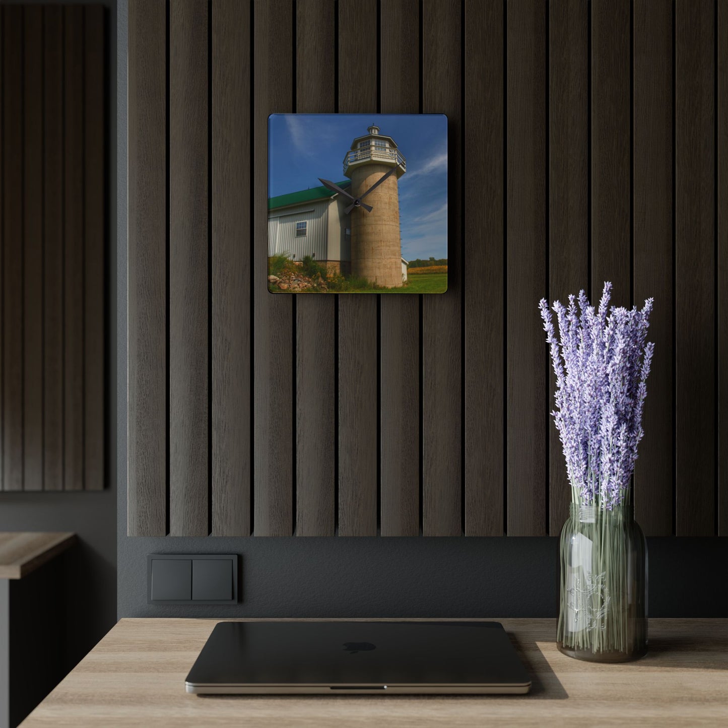 U R There Photography Phelps Road Lighthouse Barn II Rustic Farmhouse Acrylic Analog Wall Clock