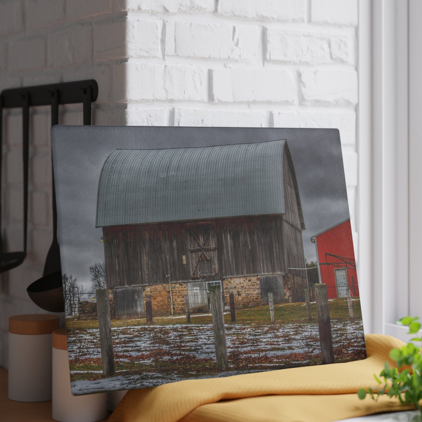 U R There Photography Schott Road Grey III Rustic Farmhouse Tempered-Glass Cutting Board