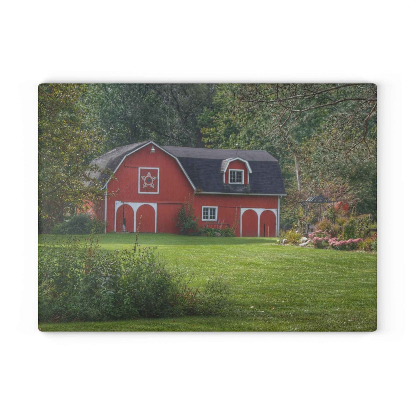 U R There Photography Charming Red Rustic Farmhouse Tempered-Glass Cutting Board