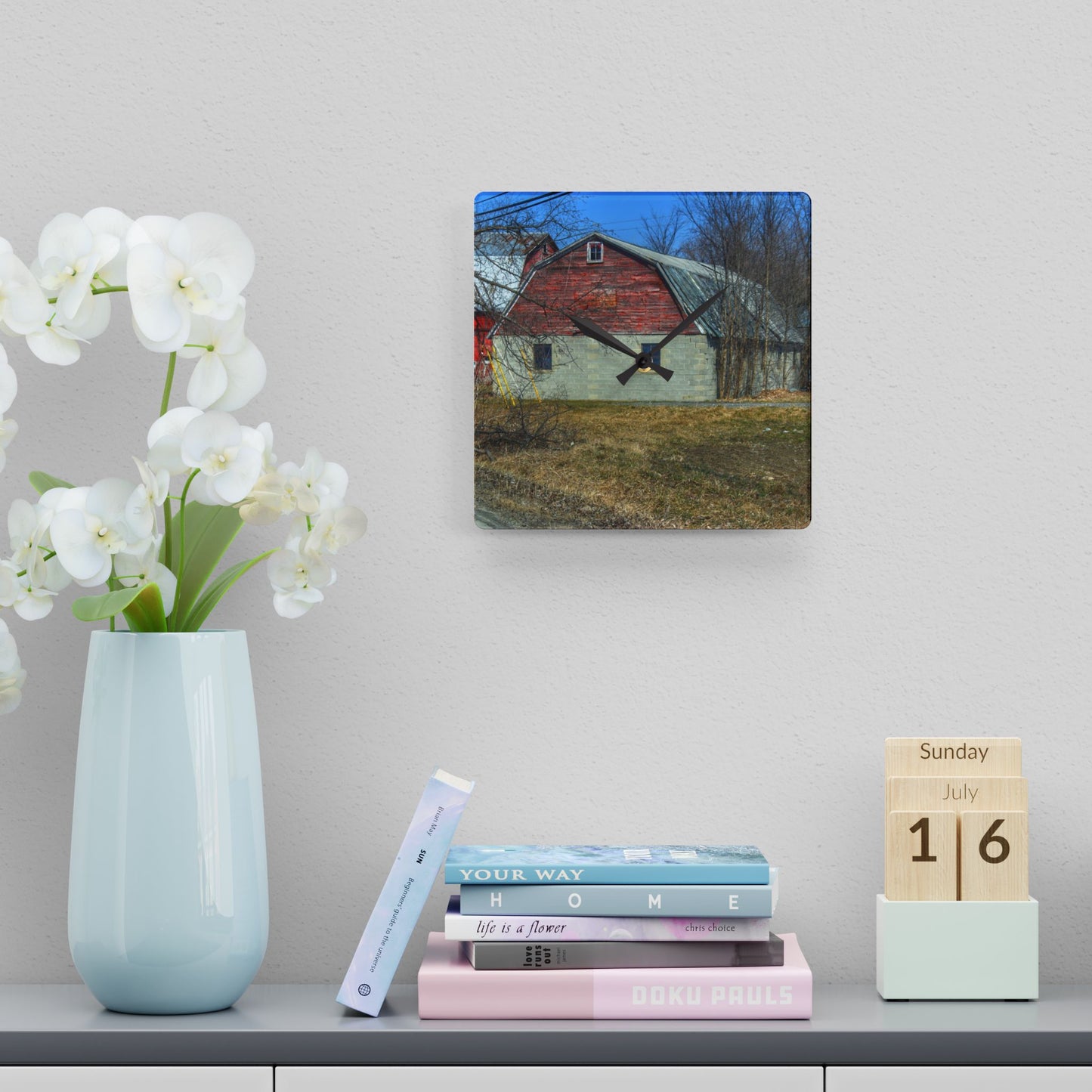U R There Photography Indian Trail Block Barn at the Bend Rustic Farmhouse Acrylic Analog Wall Clock