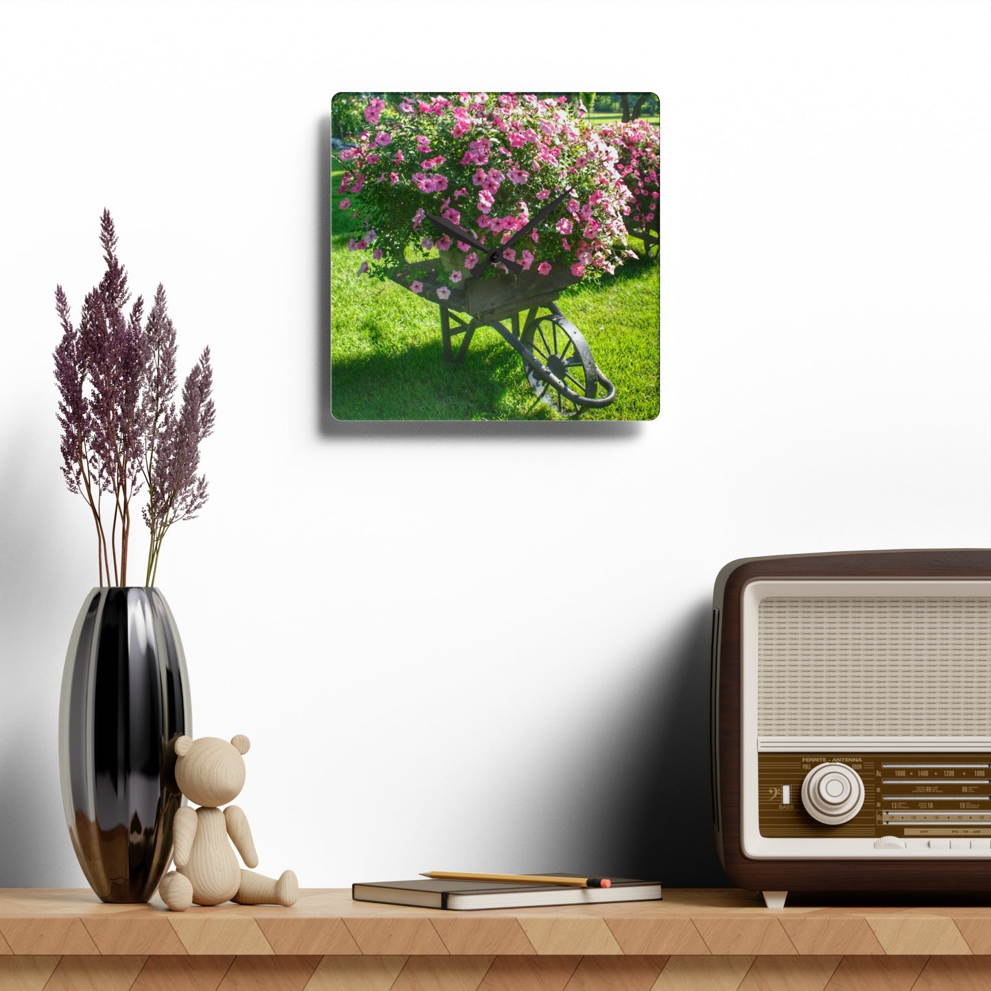 Rustic Farmhouse Wall Clock featuring Wheelbarrow Full of Flowers