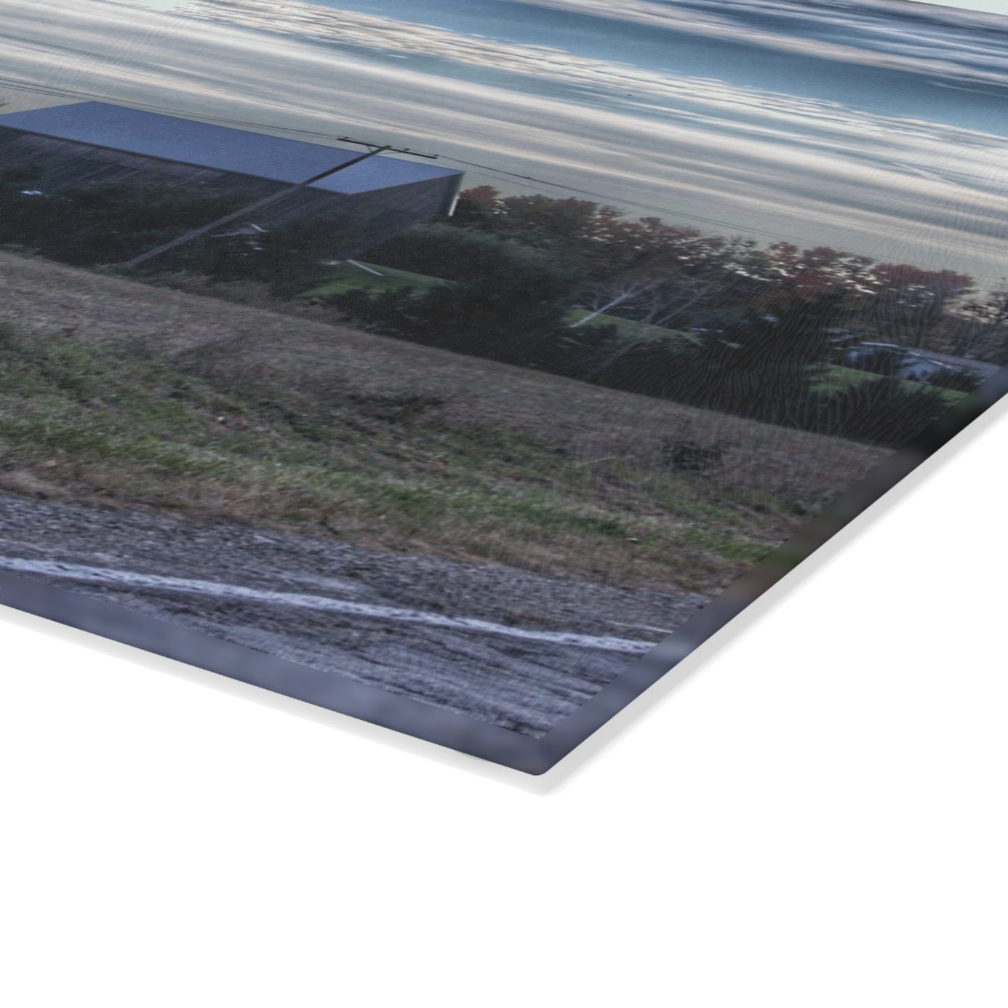 U R There Photography Burnside Road Grey Blues Rustic Farmhouse Tempered-Glass Cutting Board 8"x 11"