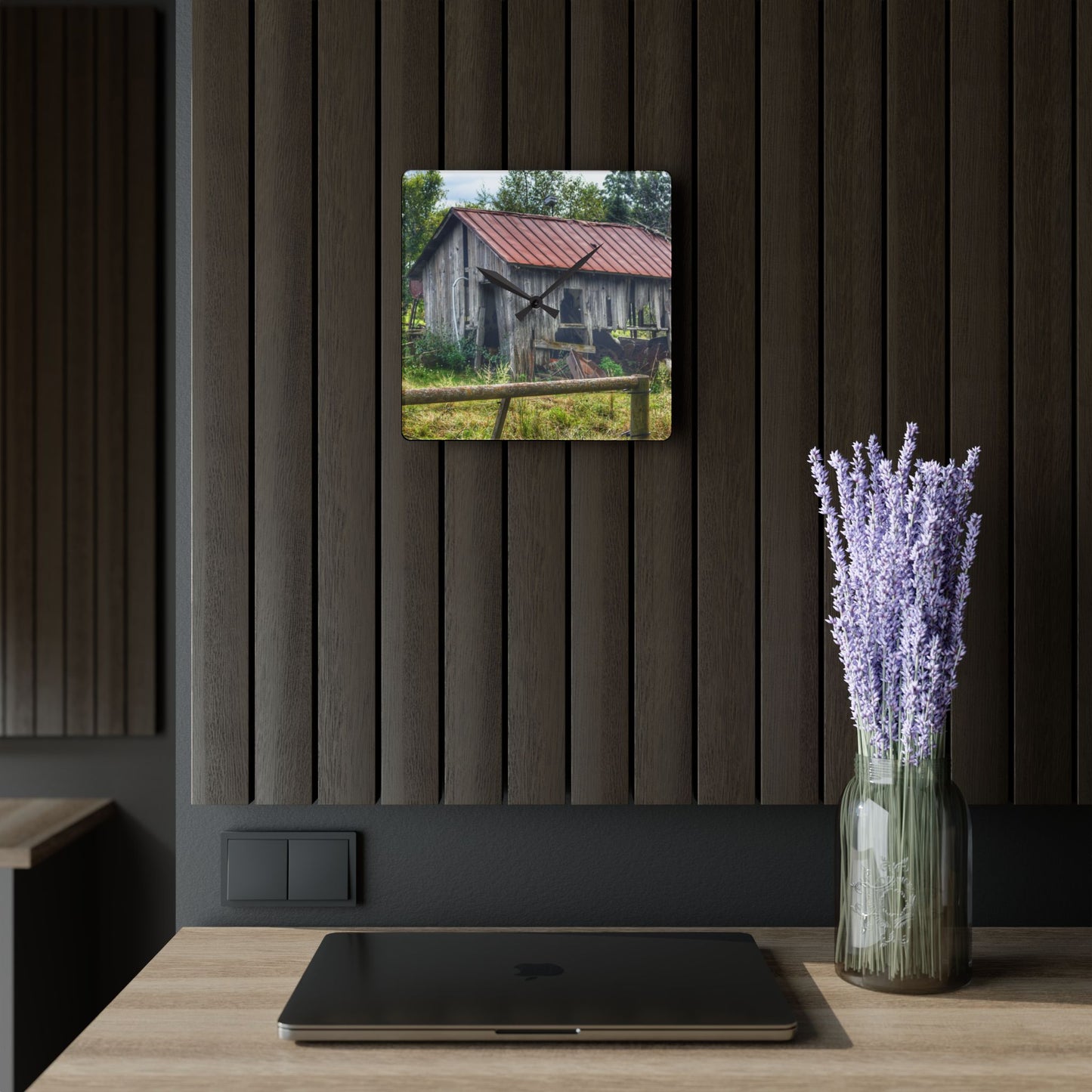 U R There Photography Silverwood Rusted Grey Shack Rustic Farmhouse Acrylic Analog Wall Clock