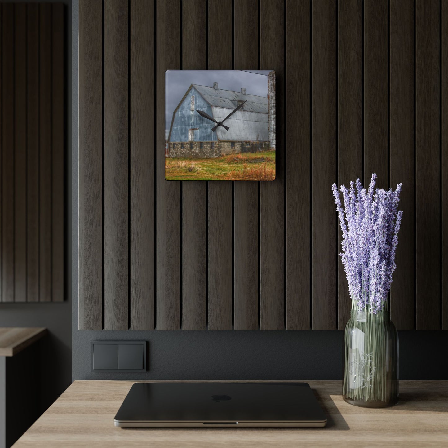 U R There Photography Daley Road Grey III Rustic Farmhouse Acrylic Analog Wall Clock