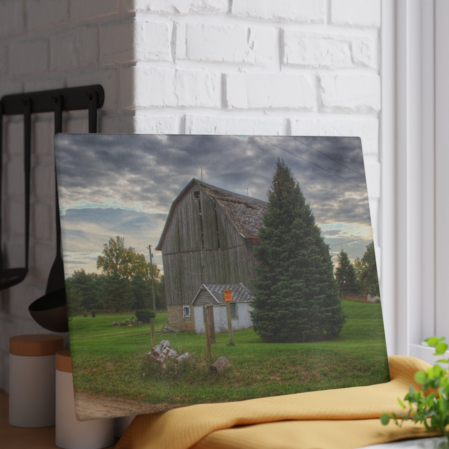 U R There Photography Rich Road Falling Grey II Rustic Farmhouse Tempered-Glass Cutting Board