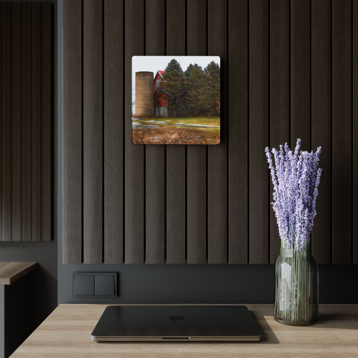 U R There Photography Laur Road Red Among the Pines III Rustic Farmhouse Acrylic Analog Wall Clock