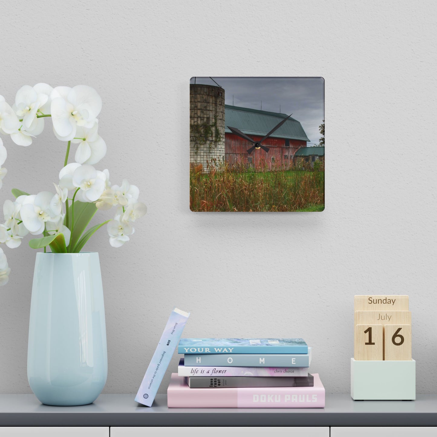 U R There Photography Plumb Creek Road Red II Rustic Farmhouse Acrylic Analog Wall Clock