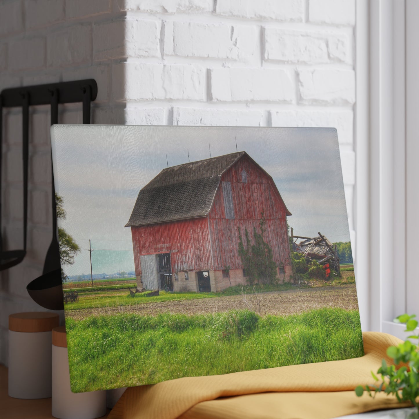 U R There Photography Unionville Elmwood Road Red II Rustic Farmhouse Tempered-Glass Cutting Board