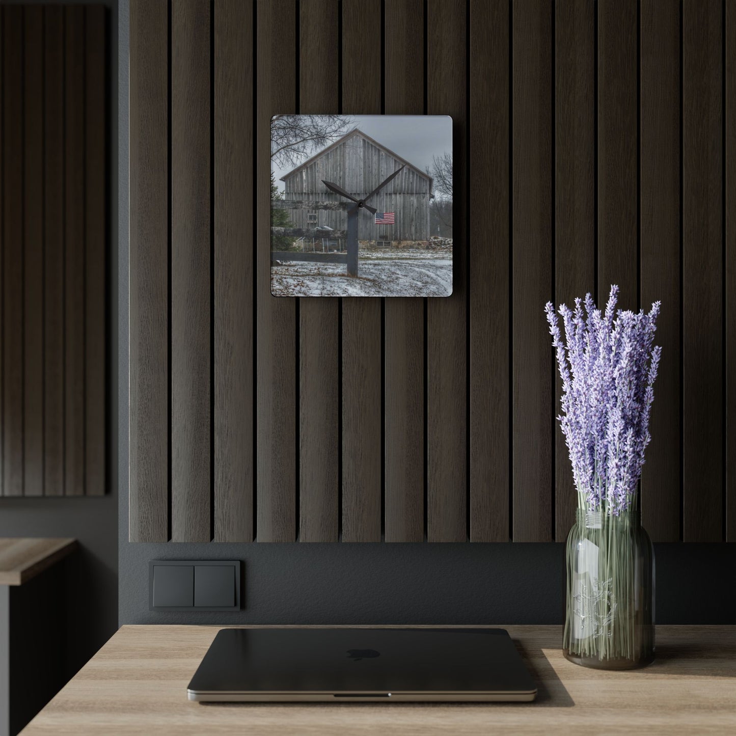 U R There Photography Sutton Road Patriot Grey I Rustic Farmhouse Acrylic Analog Wall Clock