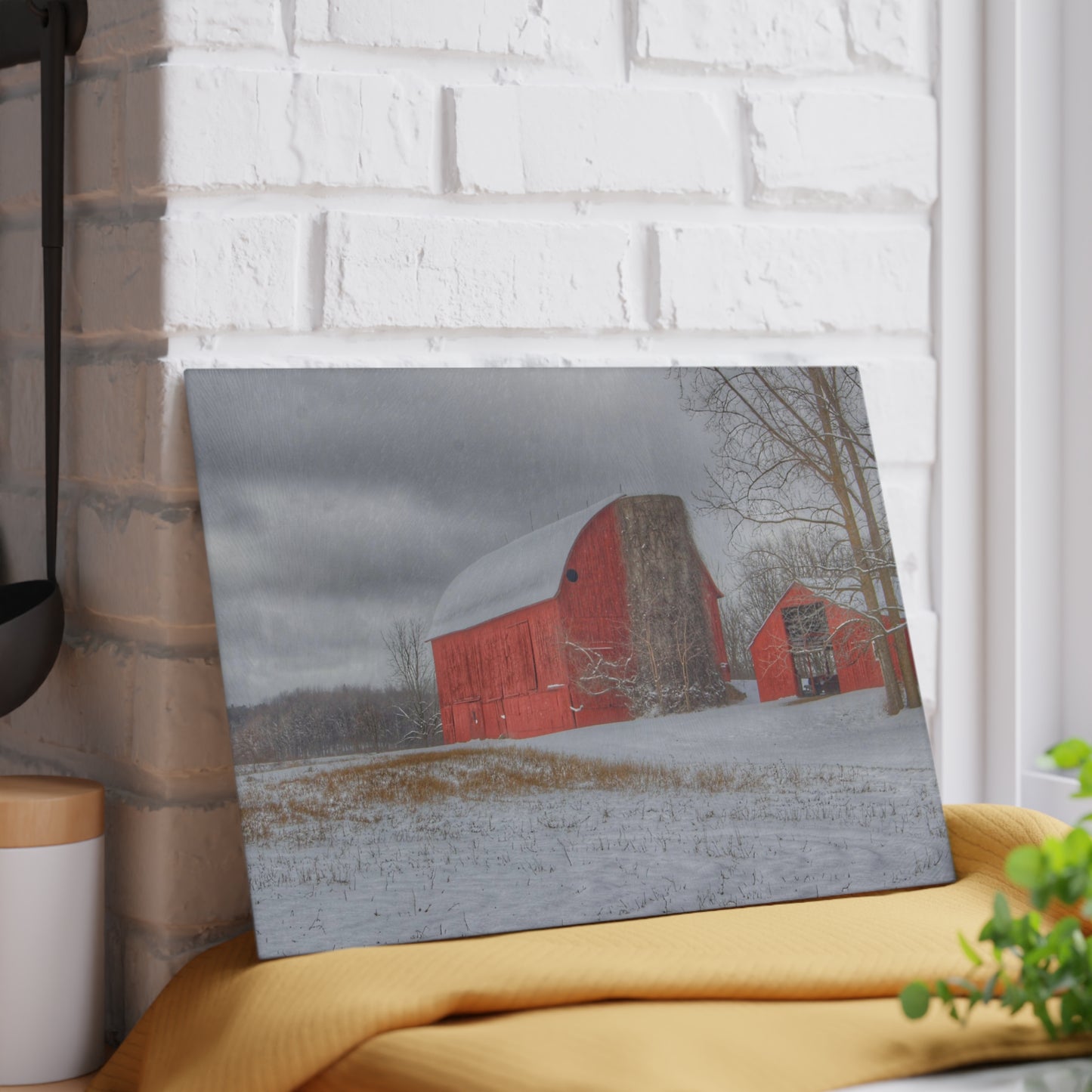 U R There Photography Catlin Reds in Winter I Rustic Farmhouse Tempered-Glass Cutting Board