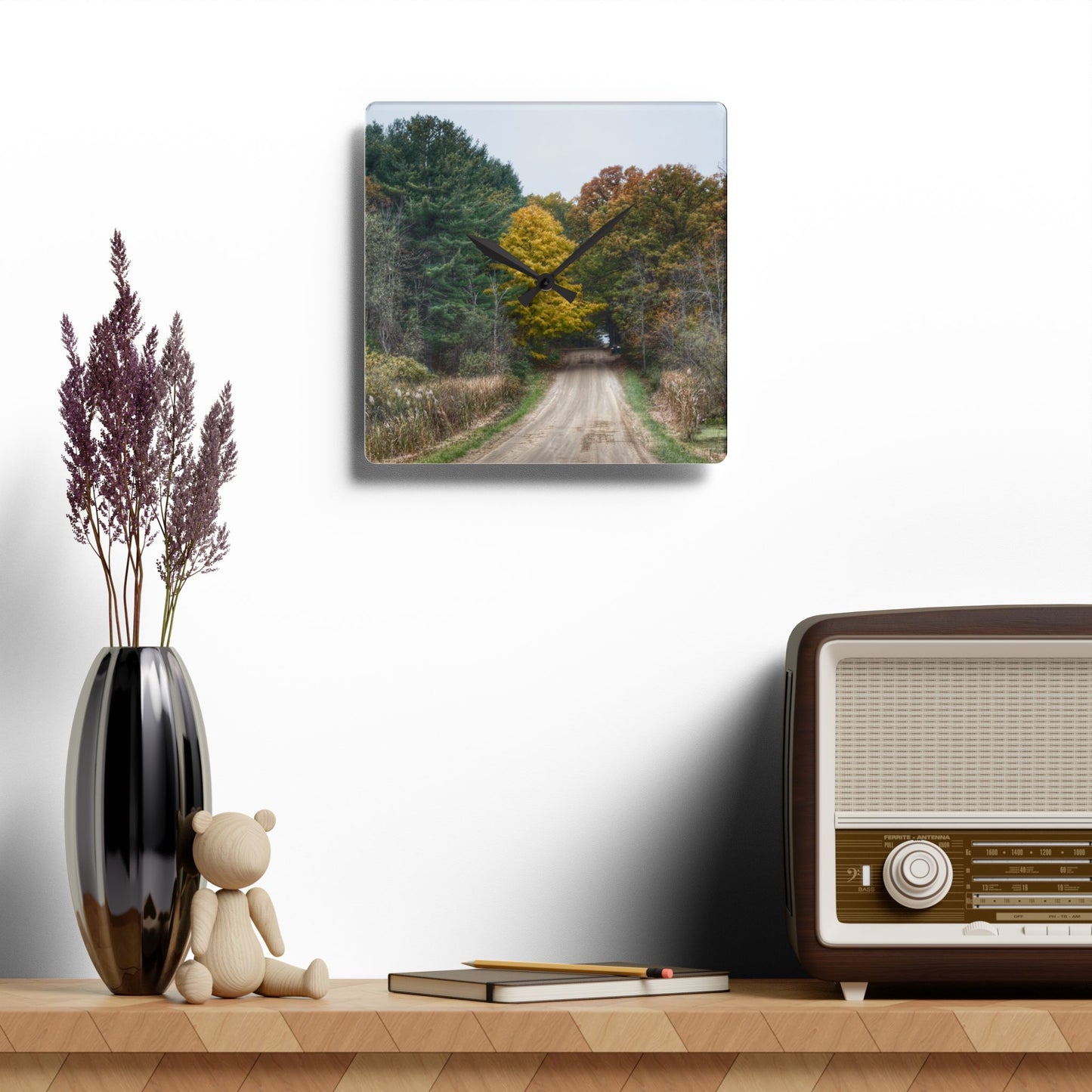 U R There Photography Country Roads in Dryden I Rustic Farmhouse Acrylic Analog Wall Clock