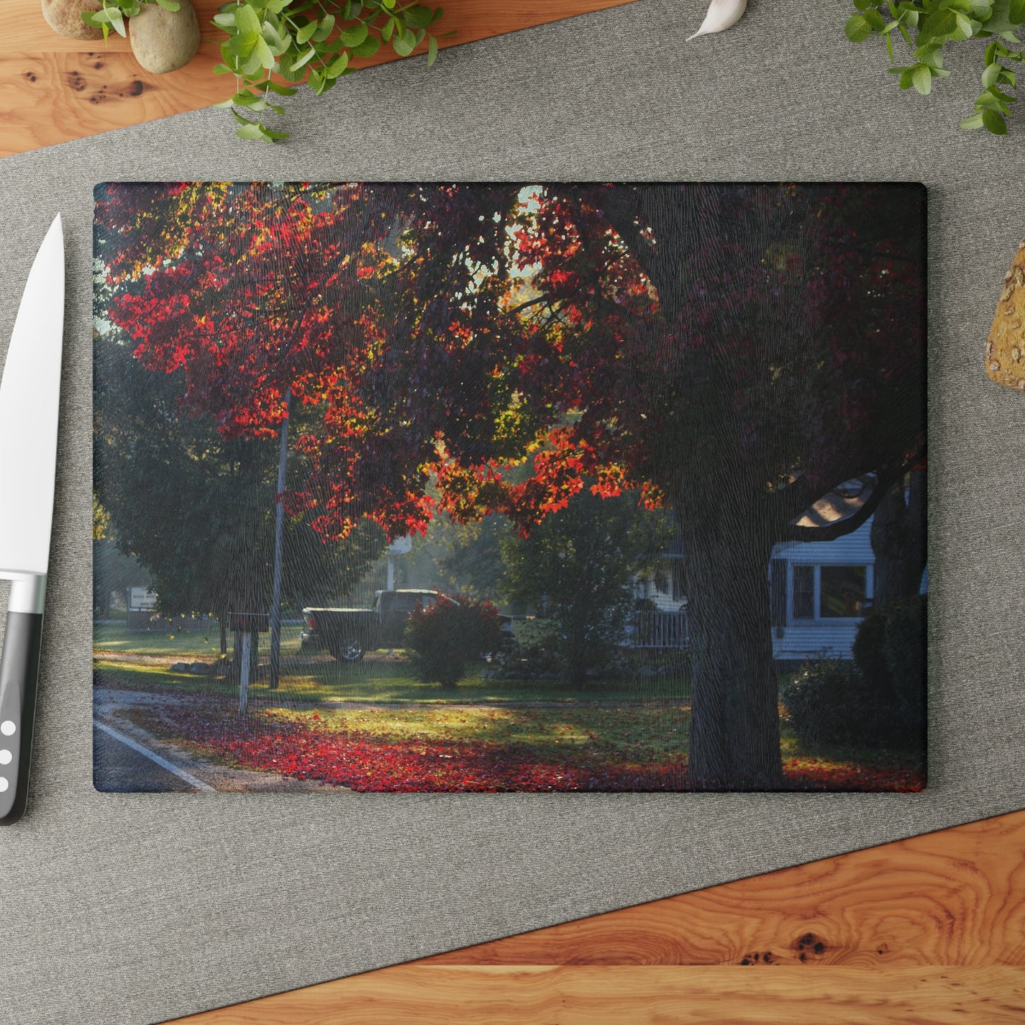 U R There Photography Red Crimson Leaves of Lum Rustic Farmhouse Tempered-Glass Cutting Board