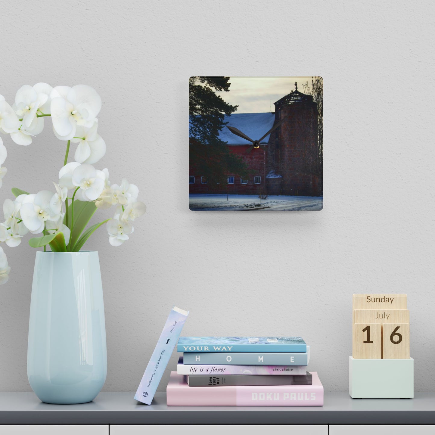 U R There Photography Ebeling Road Red Rustic Farmhouse Acrylic Analog Wall Clock