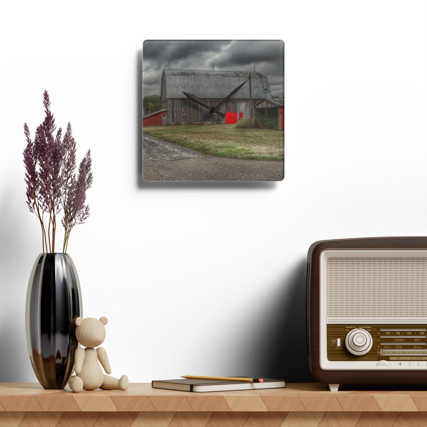 Rustic Farmhouse Wall Clock featuring Wadsworth Road Grey Saltbox