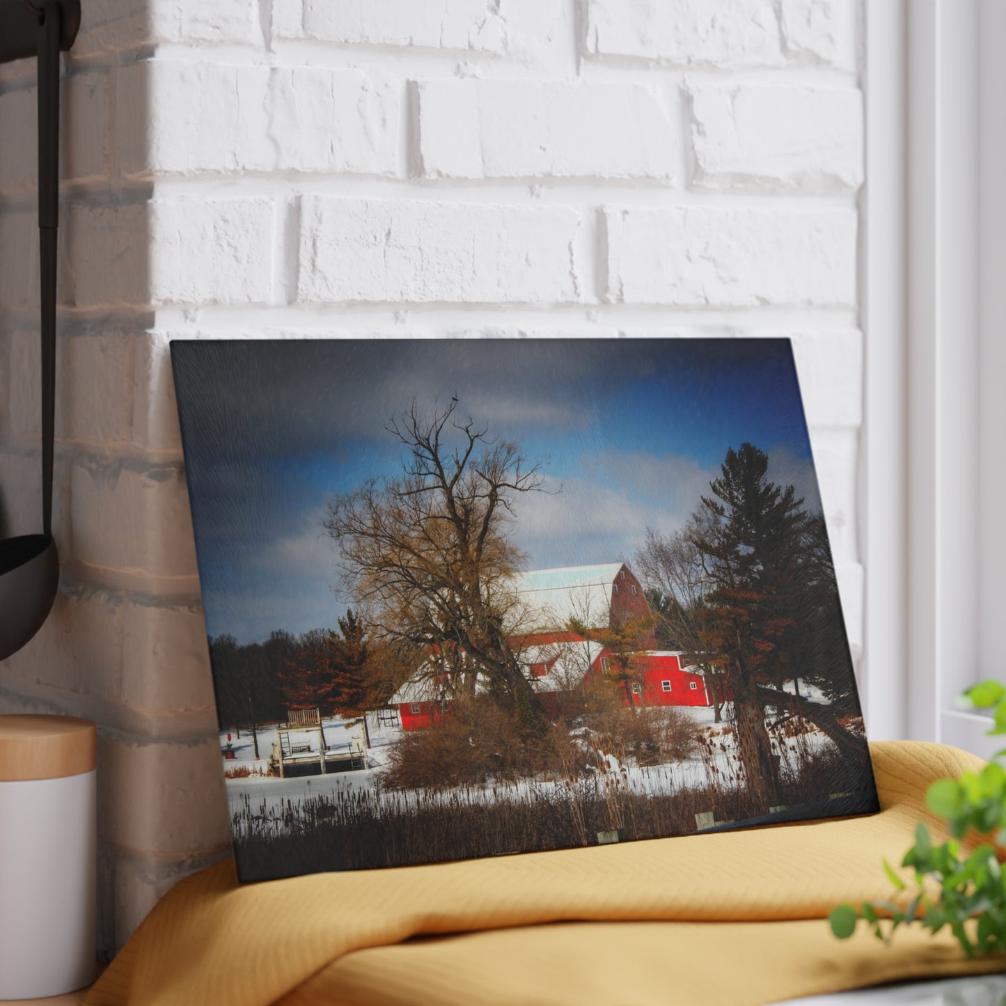 U R There Photography Hadley Road Hidden Winter Red Rustic Farmhouse Tempered-Glass Cutting Board