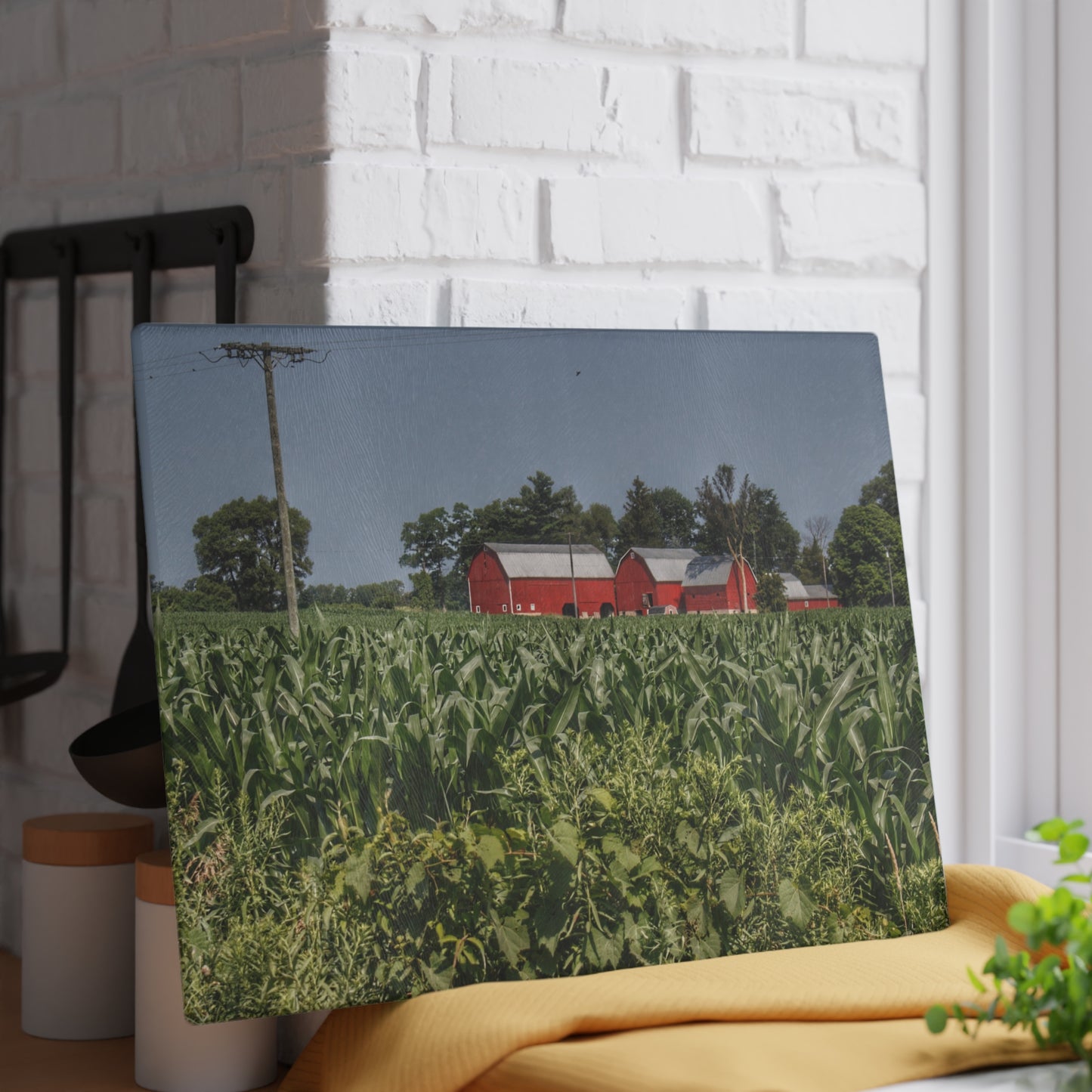 U R There Photography Shoemaker Road Reds Beyond the Corn Rustic Farmhouse Tempered-Glass Cutting Board
