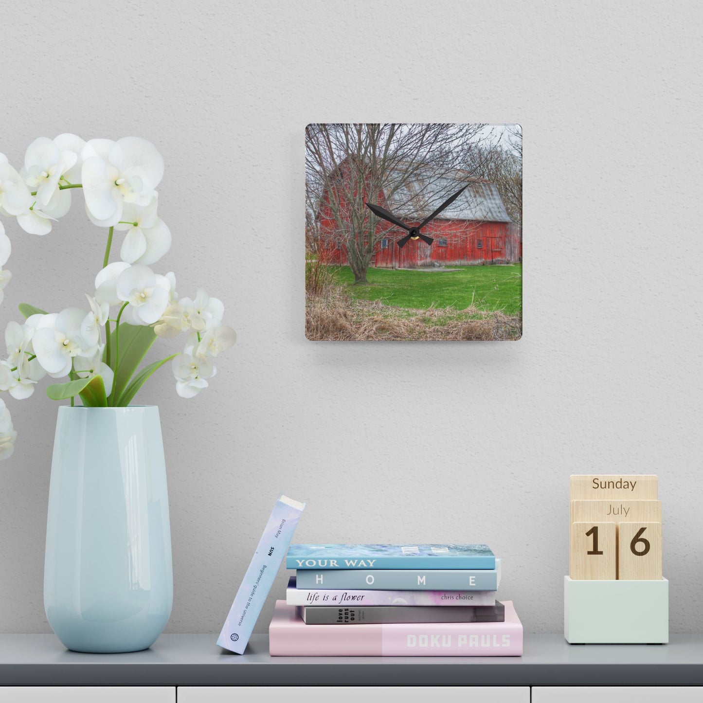 U R There Photography Dodge Road Rusted Red Rustic Farmhouse Acrylic Analog Wall Clock