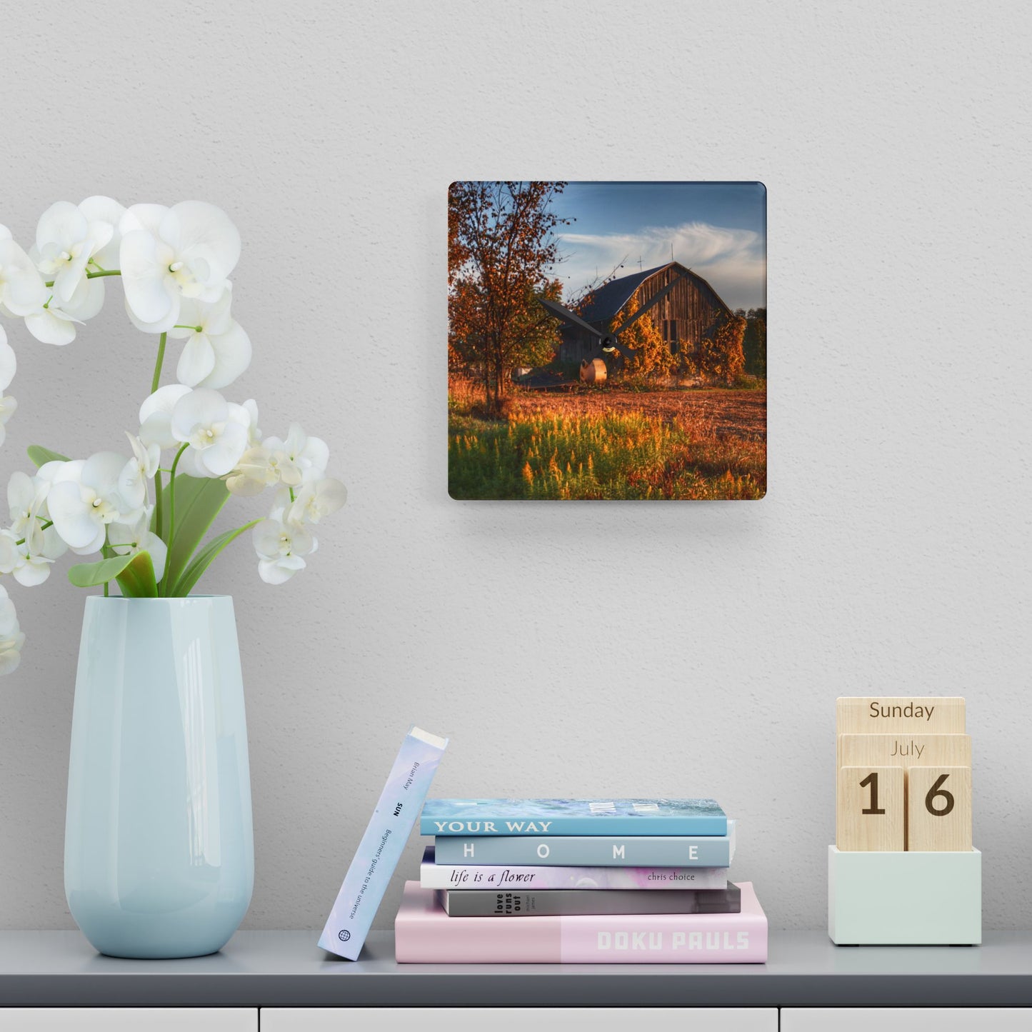U R There Photography Lake Pleasant Road Grey Rustic Farmhouse Acrylic Analog Wall Clock