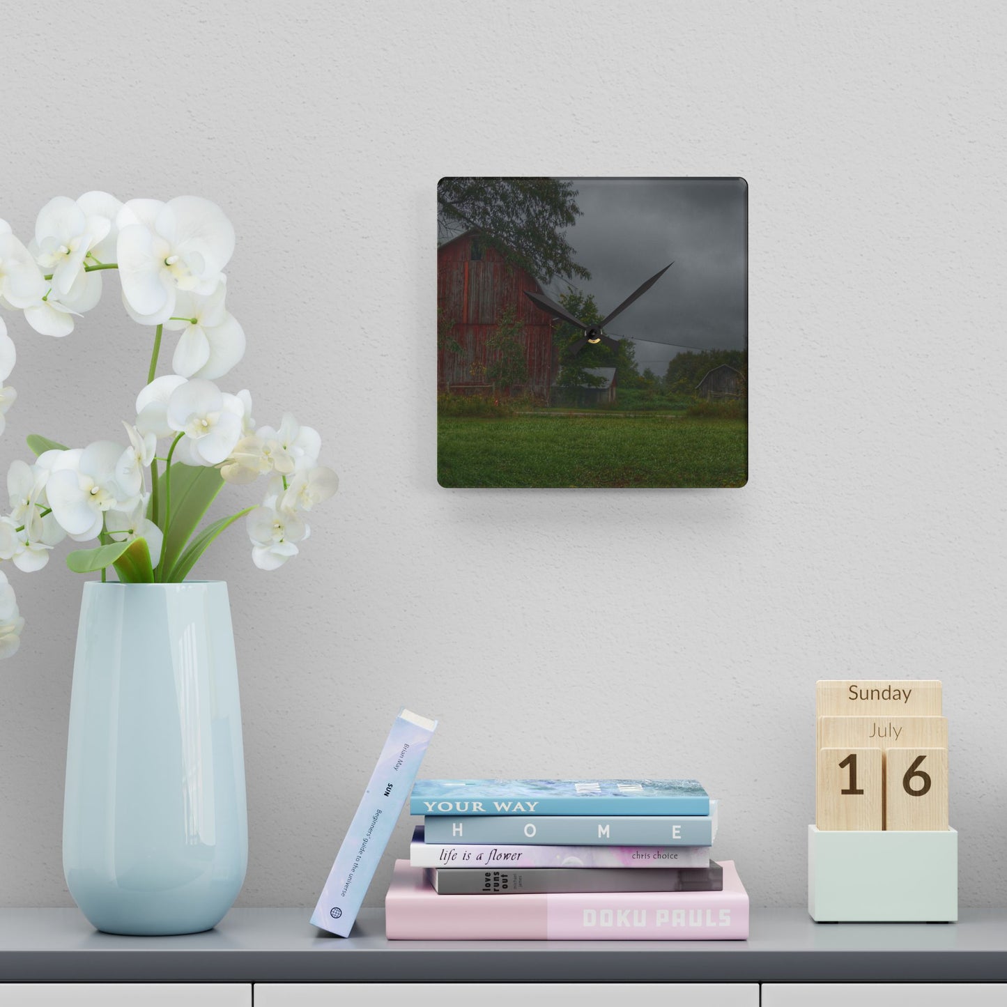 U R There Photography Columbiaville Red and Little Grey Rustic Farmhouse Acrylic Analog Wall Clock