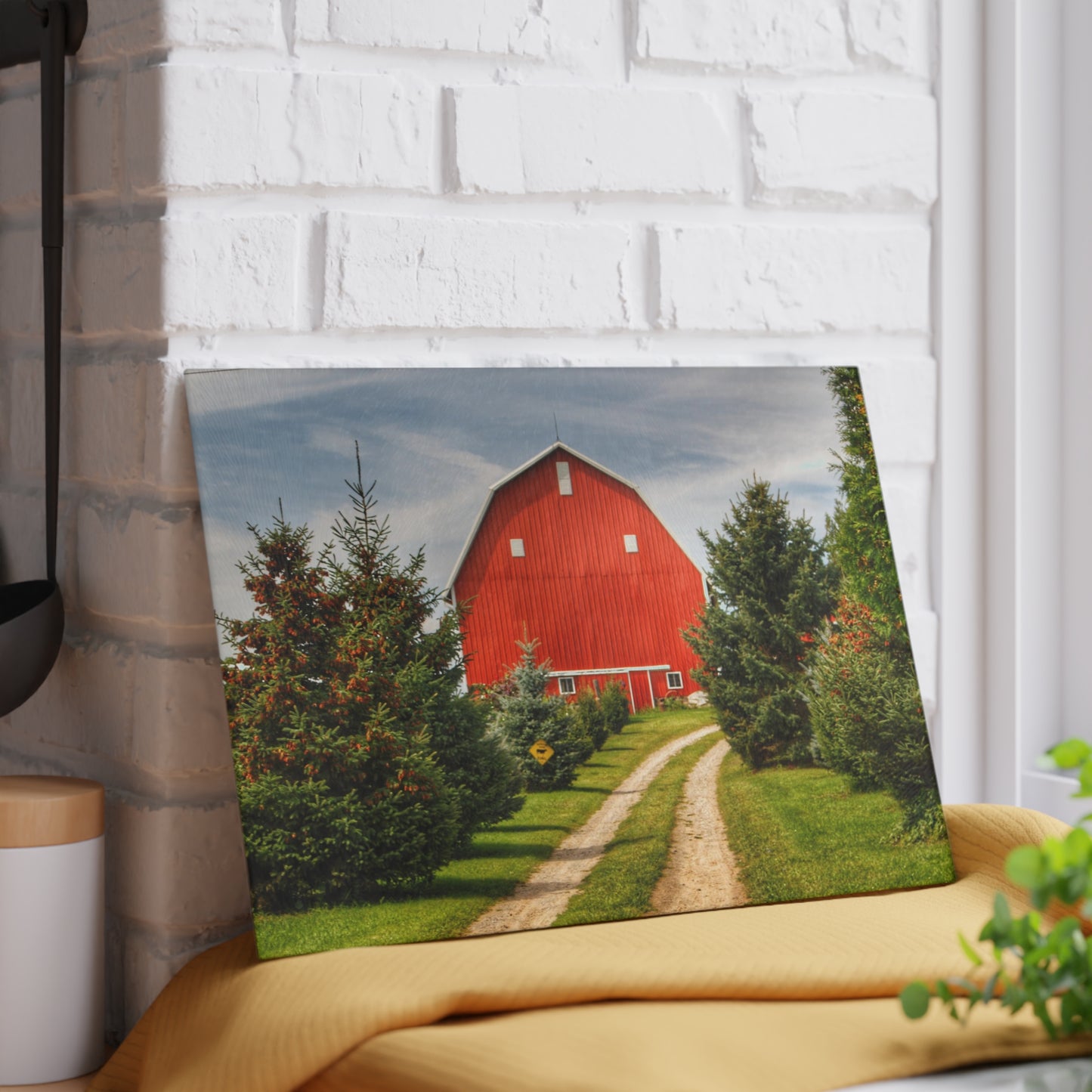 U R There Photography Brown City Road Pine Red Rustic Farmhouse Tempered-Glass Cutting Board