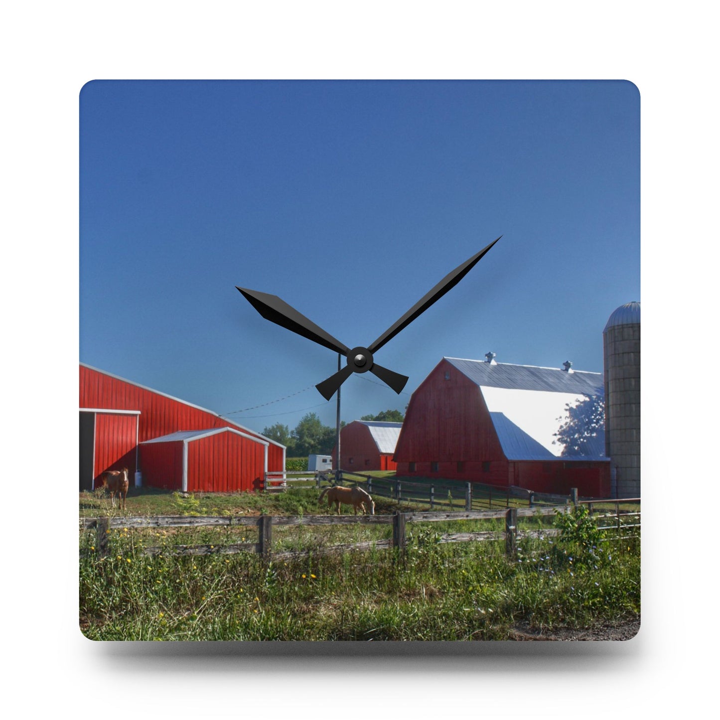 U R There Photography Mount Morris Road Farm and Horse Rustic Farmhouse Acrylic Analog Wall Clock