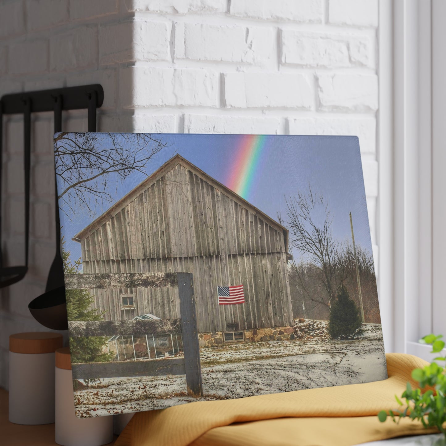 U R There Photography Barn Blessings on Sutton Road Rustic Farmhouse Tempered-Glass Cutting Board 8"x 11"
