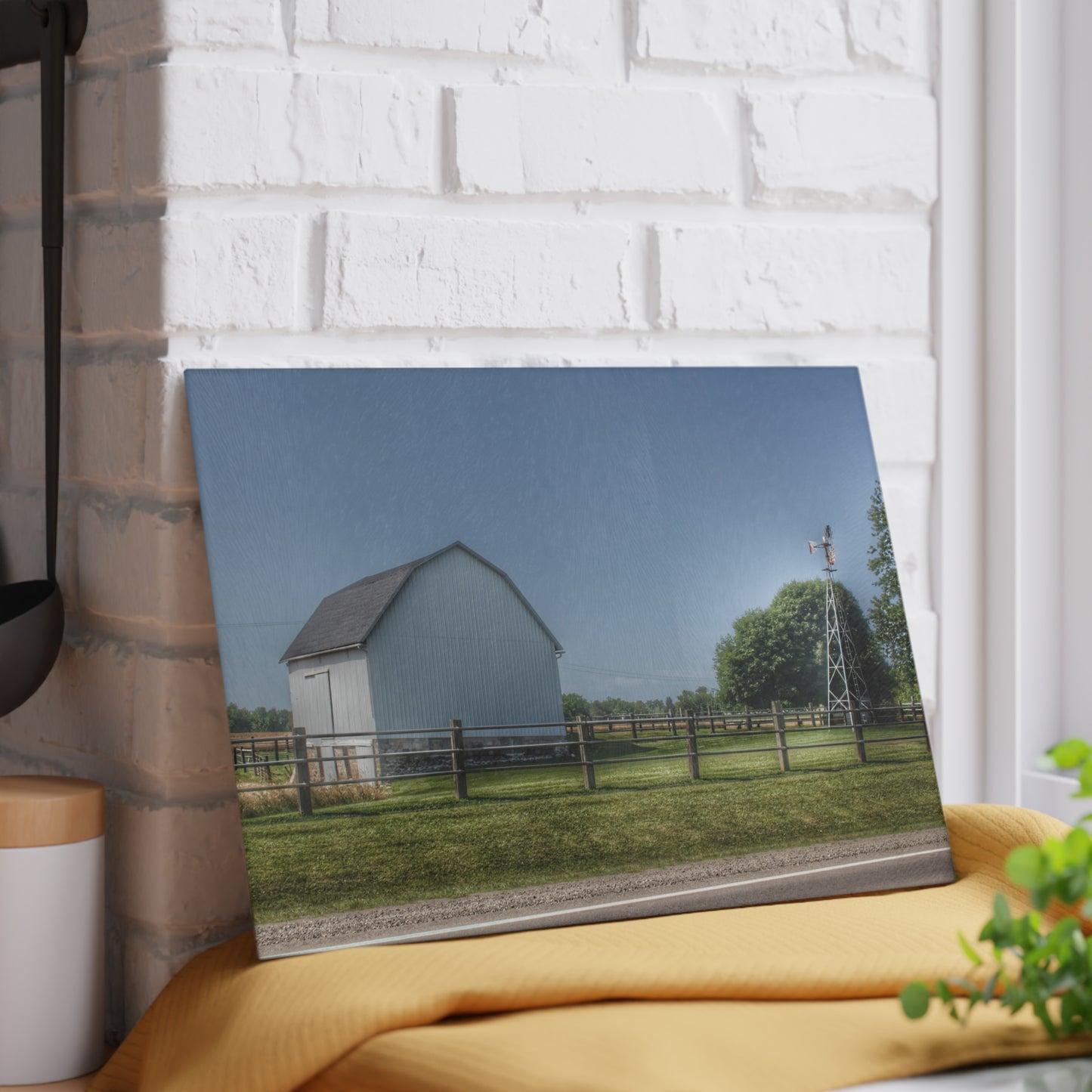 U R There Photography M-90 White and Windmill I Rustic Farmhouse Tempered-Glass Cutting Board