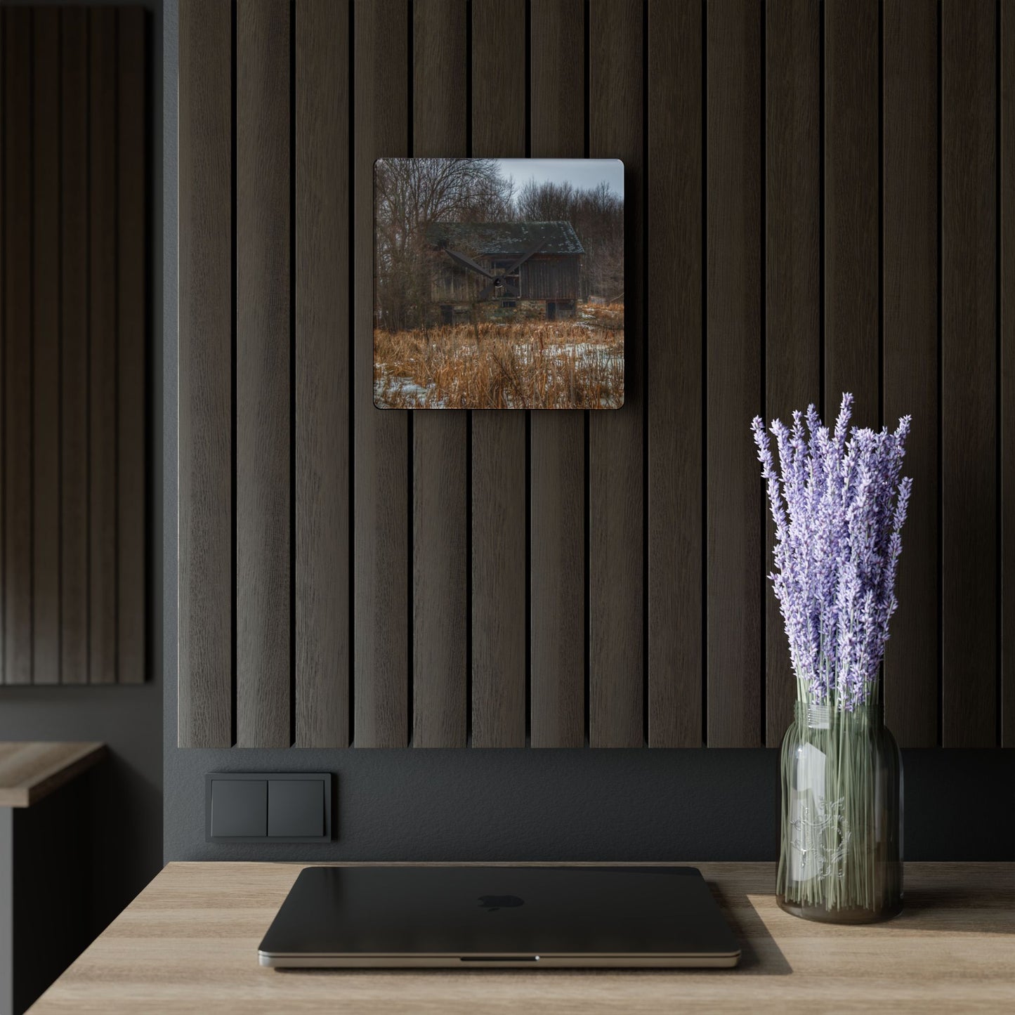 U R There Photography Norway Lake Hidden Grey I Rustic Farmhouse Acrylic Analog Wall Clock