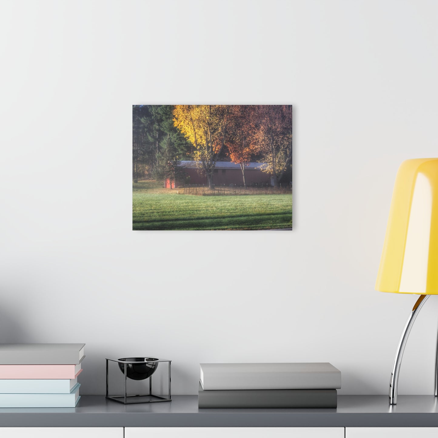 U R There Photography Red Barn on Foggy Fall Morning Rustic Farmhouse Acrylic Wall Print
