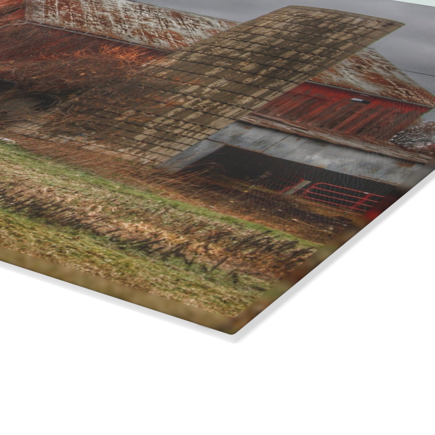 U R There Photography Slattery Road Old Red and Silo I Rustic Farmhouse Tempered-Glass Cutting Board