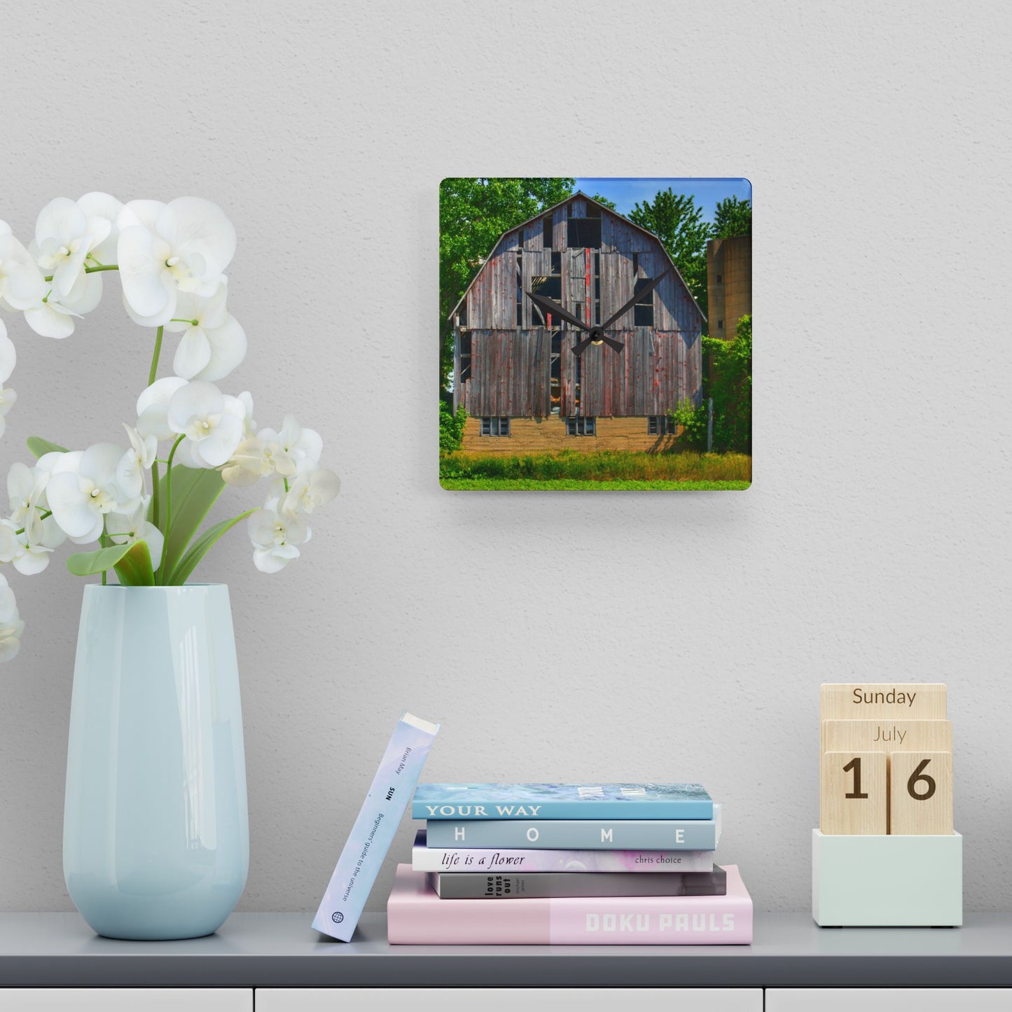 U R There Photography Mushroom Road Red and Silo Rustic Farmhouse Acrylic Analog Wall Clock